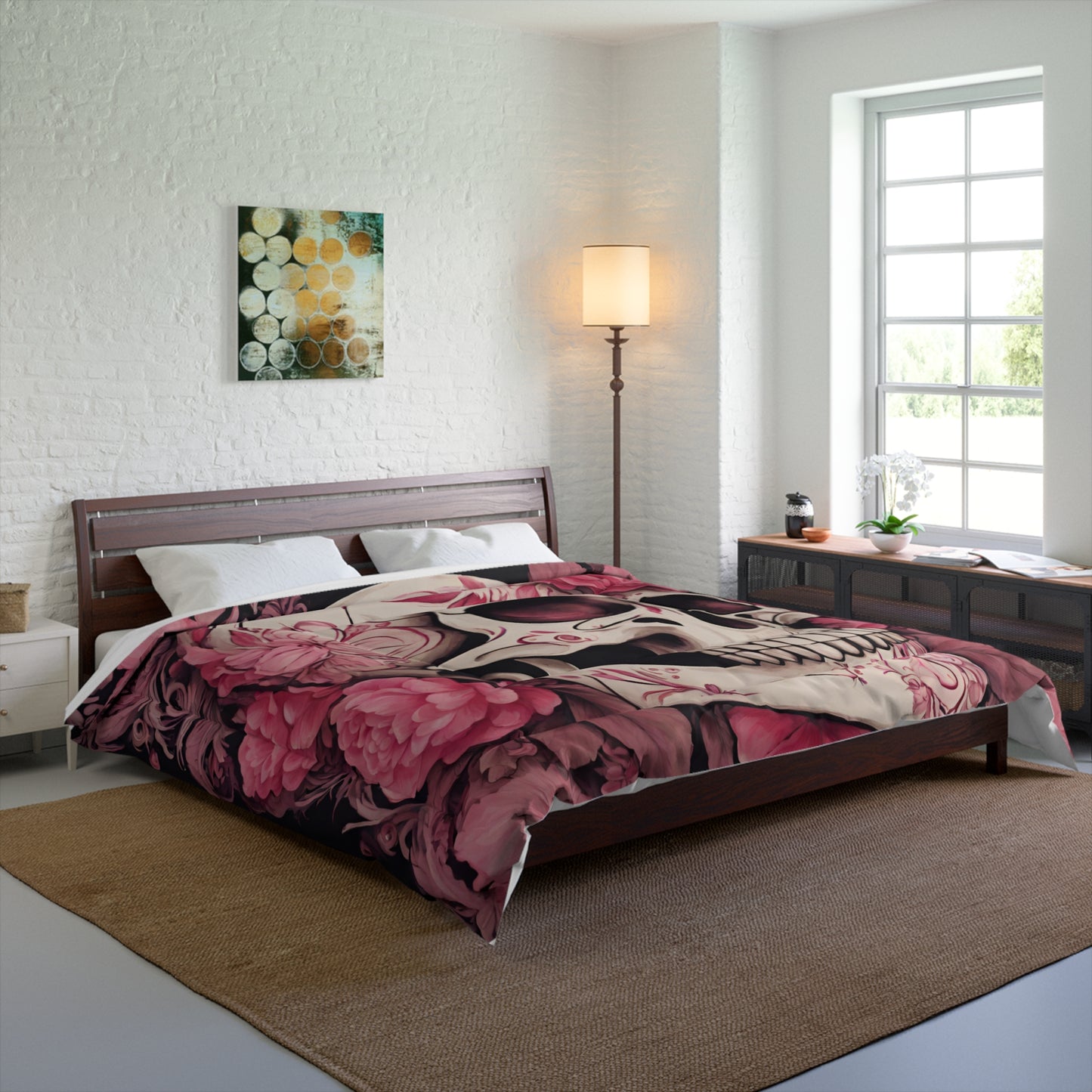 Floral Skull Comforter – Bohemian Bedding for Gothic Decor