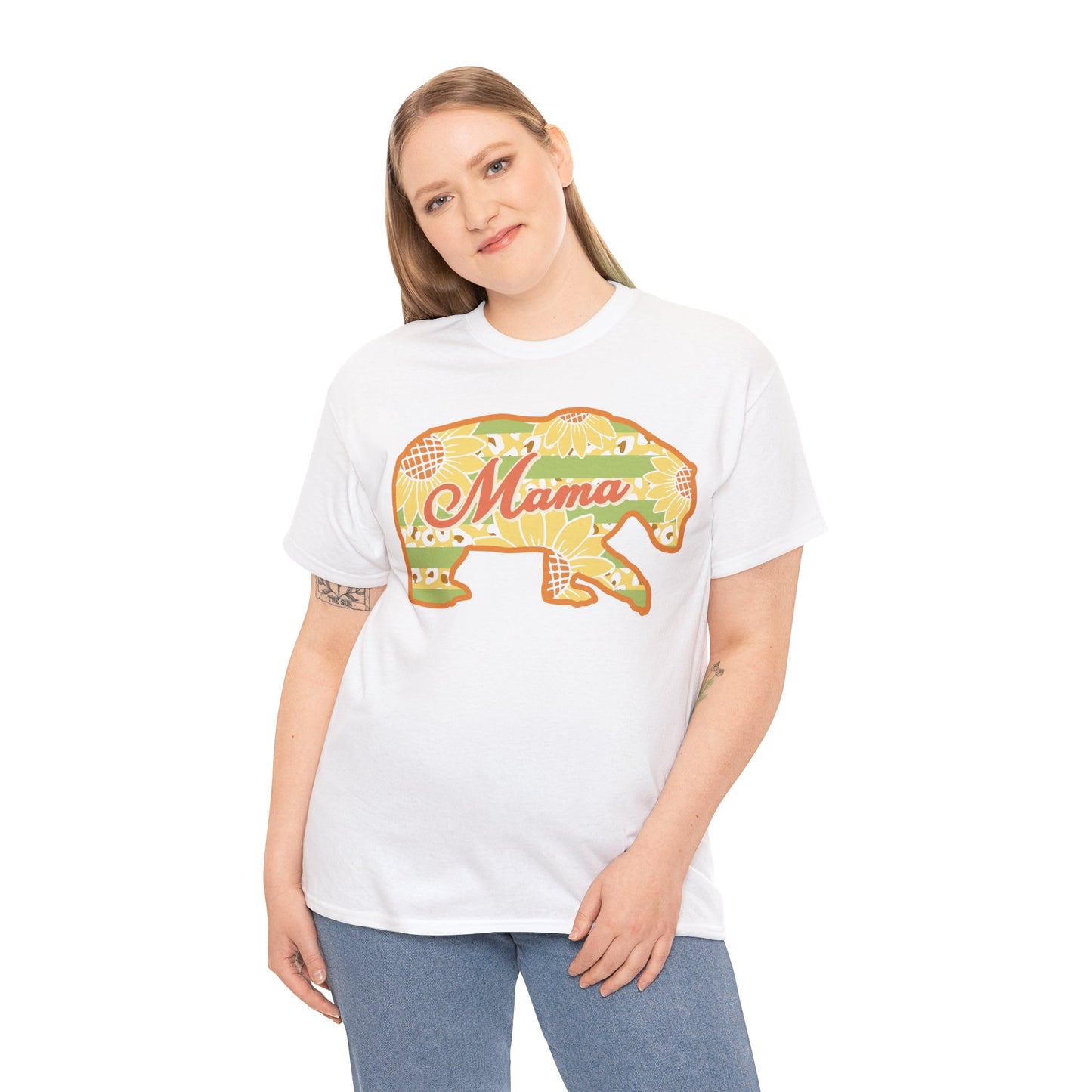 Unisex Heavy Cotton Tee Activewear Adult Mama Bear Many Colors Available Light Yellow Coral Design