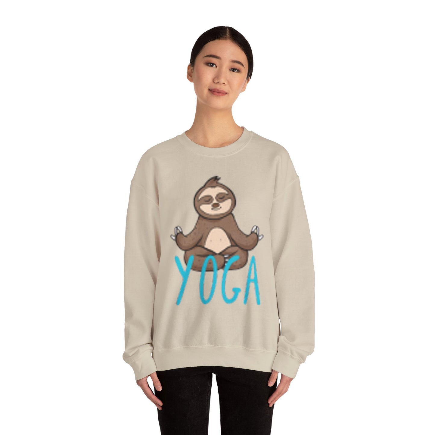 Unisex Heavy Blend™ Crewneck Sweatshirt Adult/TEEN YOGA WITH A SLOTH IN TAN AND TEAL-BLUE WRITING ON FRONT