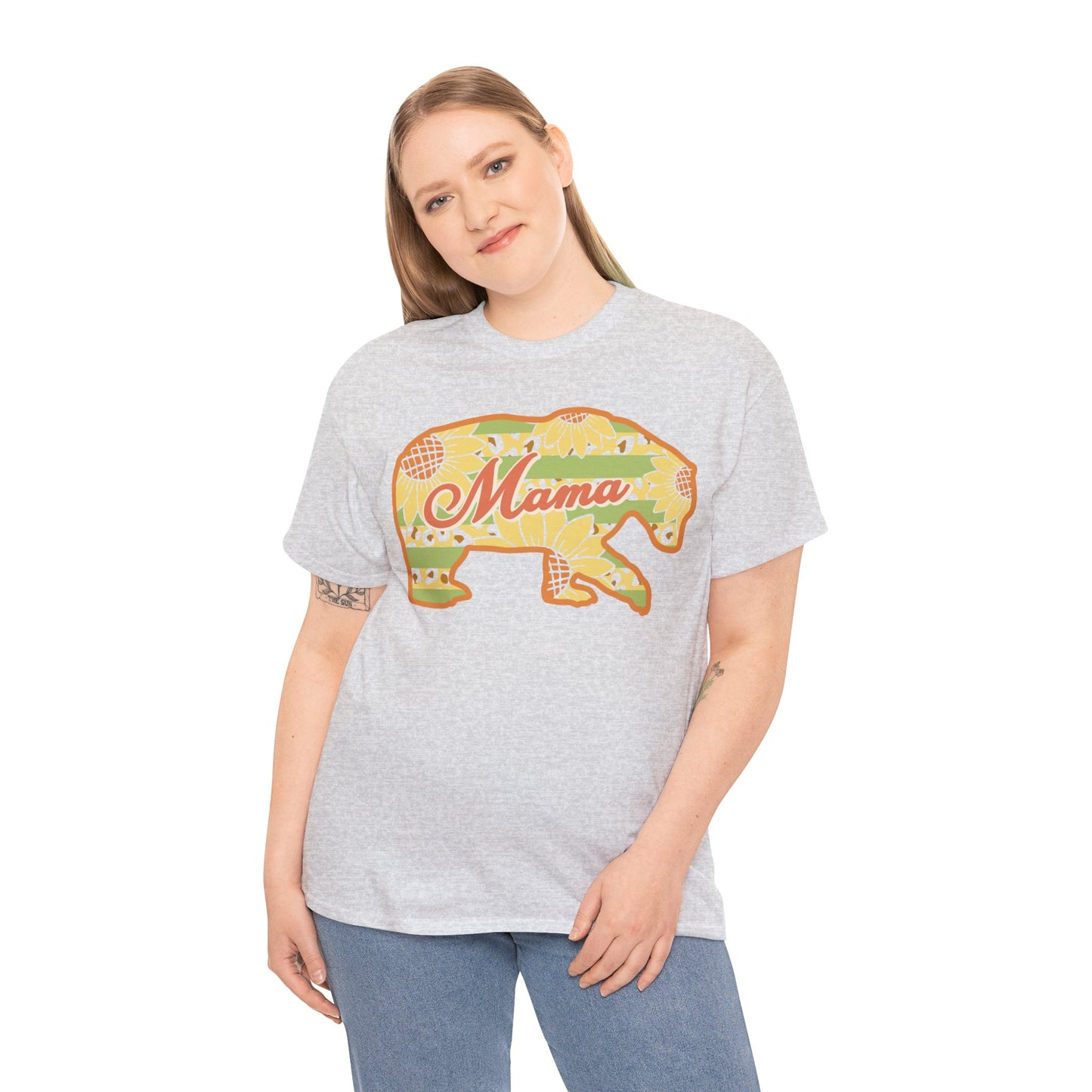 Unisex Heavy Cotton Tee Activewear Adult Mama Bear Many Colors Available Light Yellow Coral Design