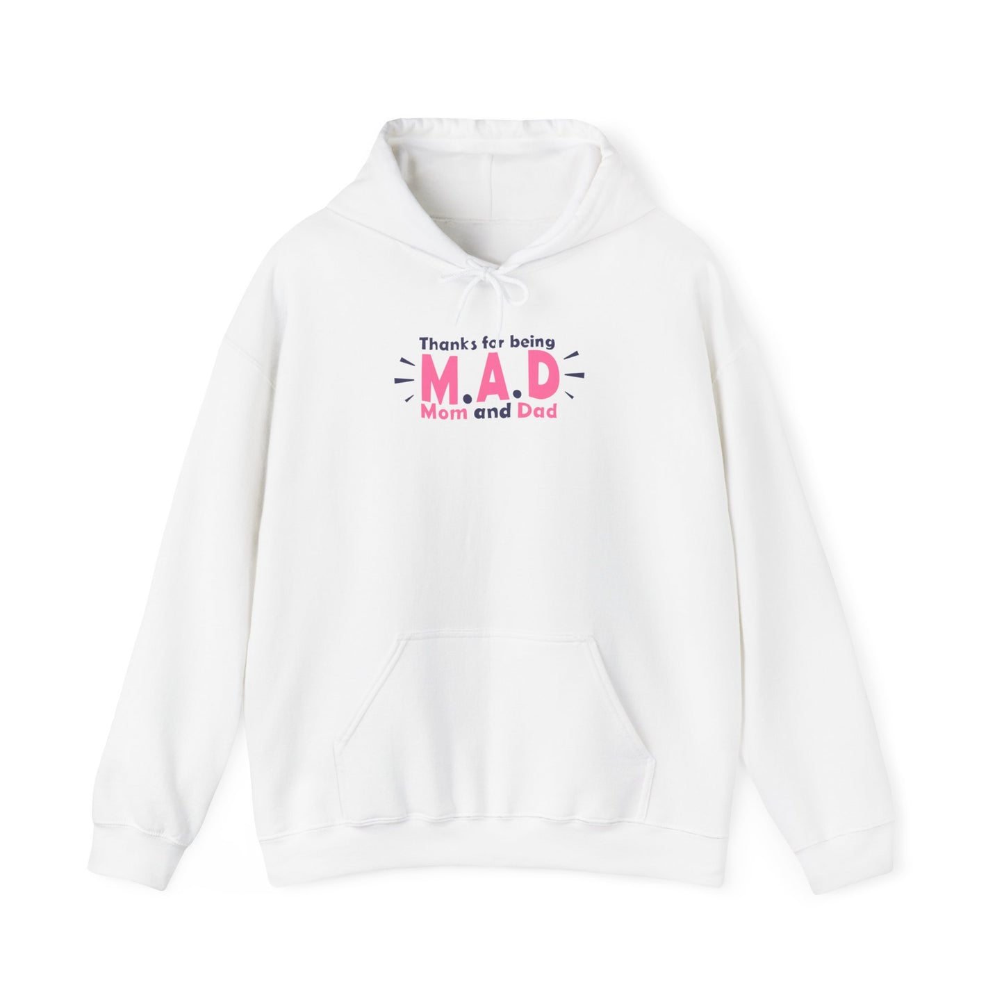 Unisex Heavy Blend™ Hooded Sweatshirt Adult Activewear Thanks For Being Mom And Dad on Front Pink Blue Writing Black Silhouette on Back