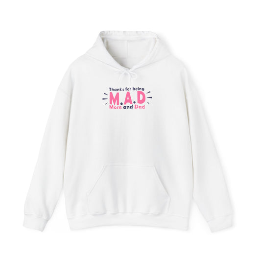 Unisex Heavy Blend™ Hooded Sweatshirt Adult Activewear Thanks For Being Mom And Dad on Front Pink Blue Writing Black Silhouette on Back