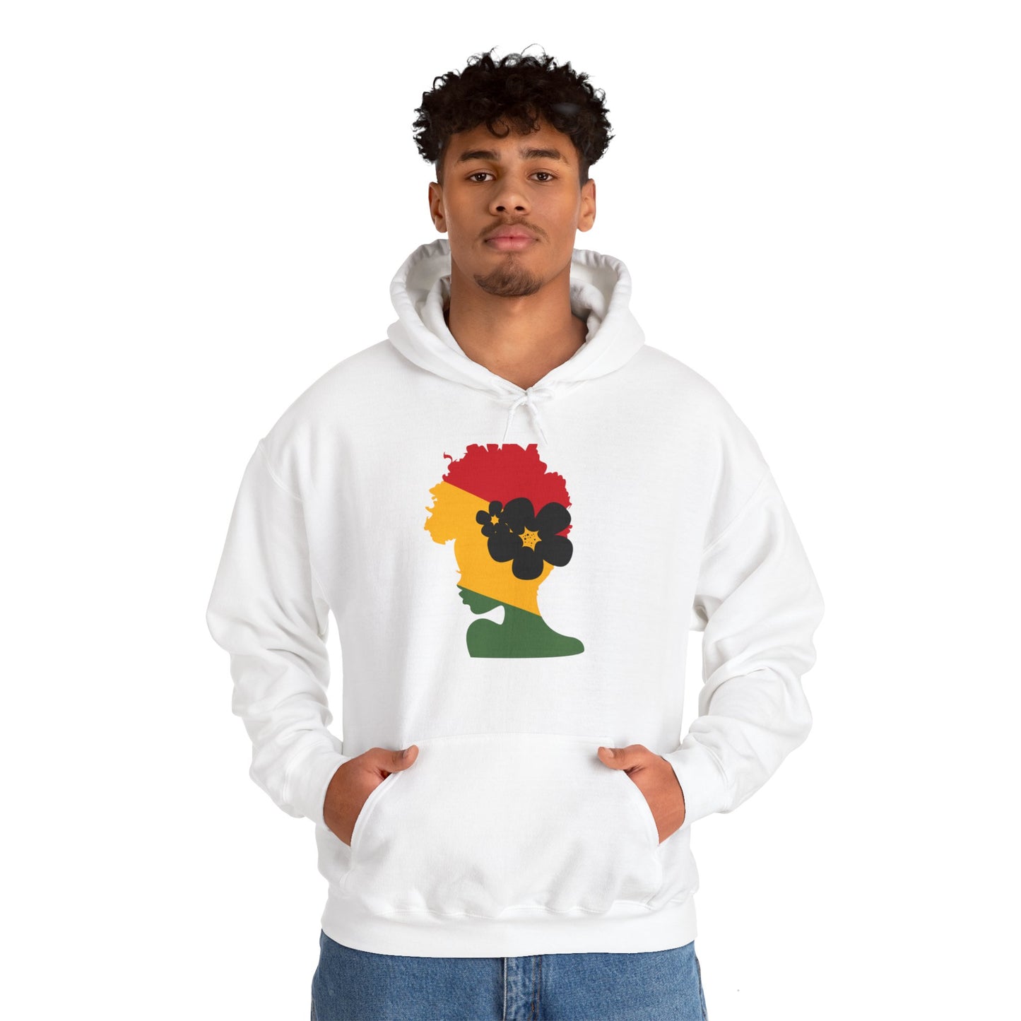 Unisex Heavy Blend™ Hooded Sweatshirt African American Woman with African Colors Red Yellow Green