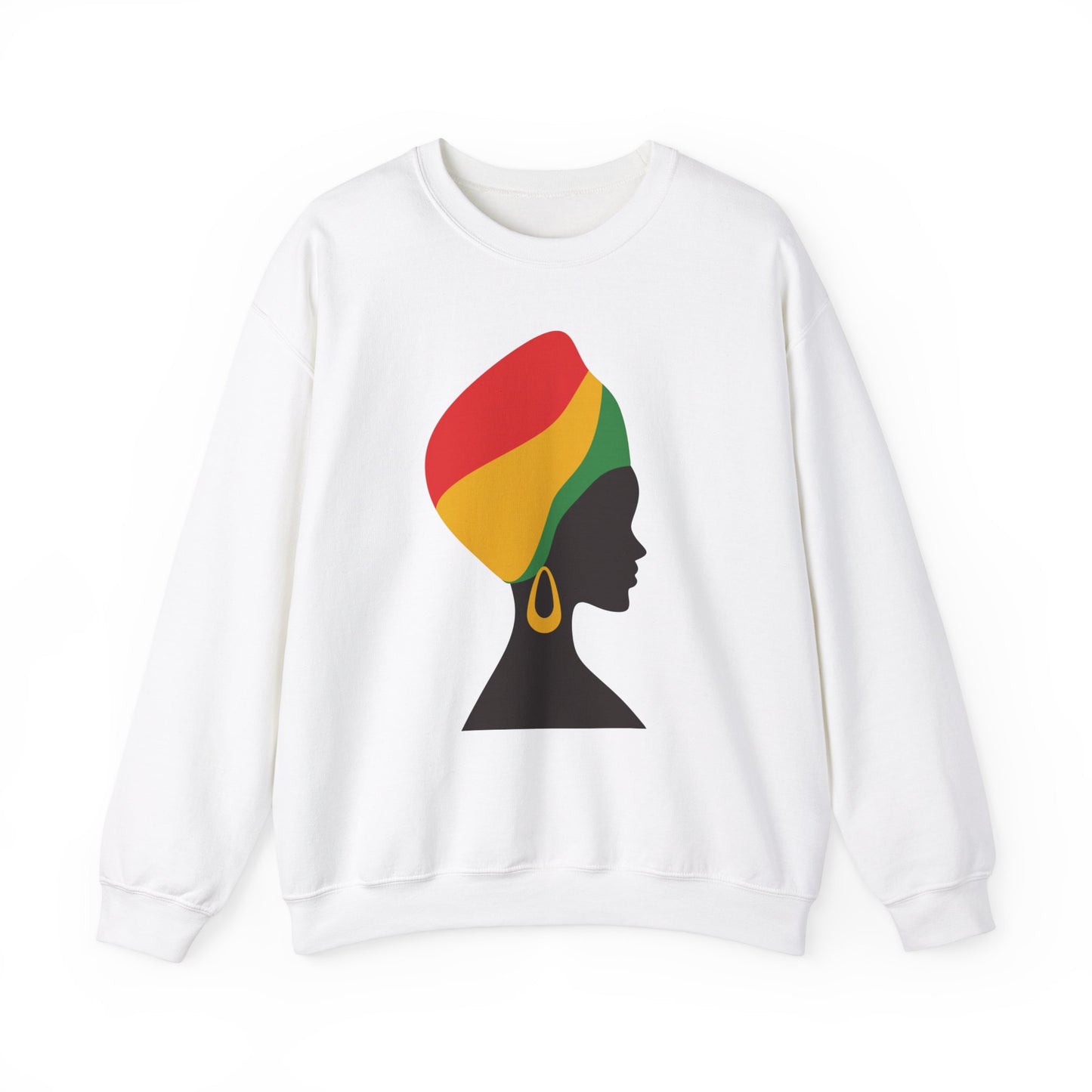 Unisex Heavy Blend™ Crewneck Sweatshirt Adult/Teen Activewear Black Lives Matter in Black on Back on Front African American Woman wear African Colors Red Yellow Green