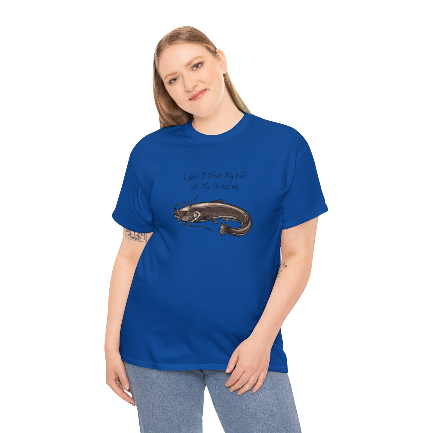 Unisex Heavy Cotton Tee Adult/Teen Activewear I Love It When My Wife Lets Me Go Fishing in Black with a Picture of a Catfish T-shirt is Available in Many Colors