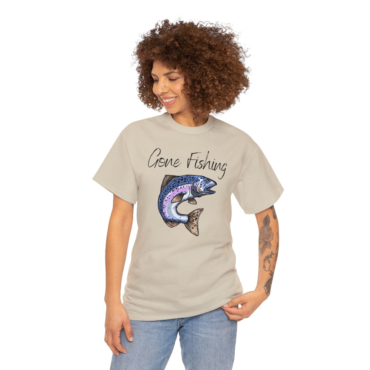 Unisex Heavy Cotton Tee Adult/Teen Activewear Gone Fishing W/ Image of Bass Fish T-shirt Comes in Many Colors