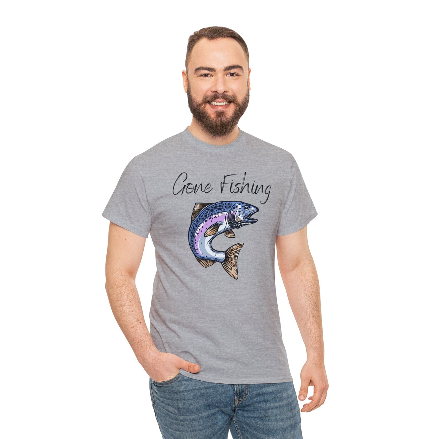 Unisex Heavy Cotton Tee Adult/Teen Activewear Gone Fishing W/ Image of Bass Fish T-shirt Comes in Many Colors