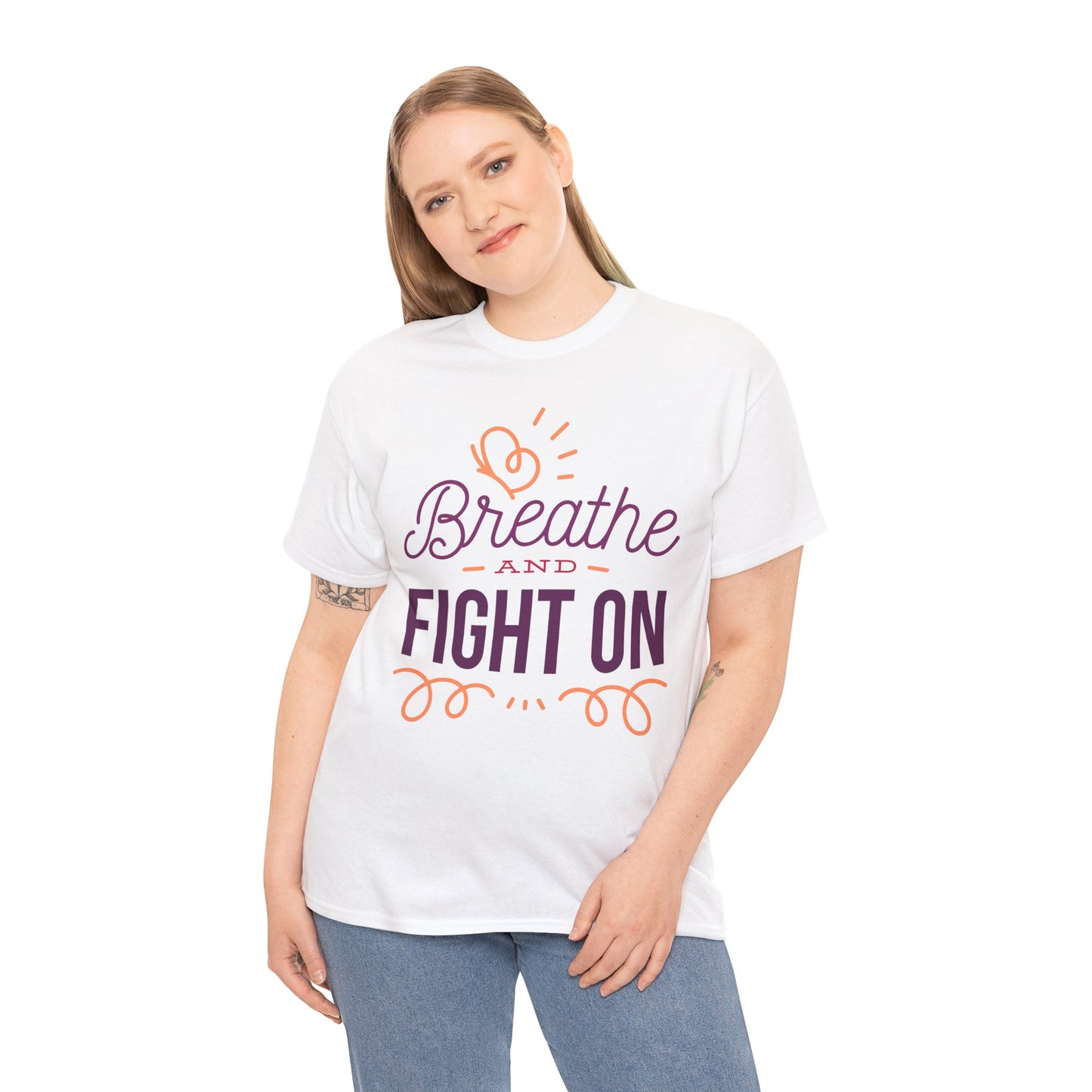 Unisex Heavy Cotton Tee Adult/Teen Activewear Breathe and Live On Colors Peach and Purple Writing