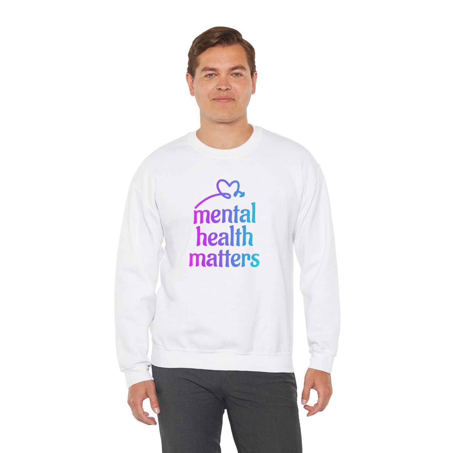 Unisex Heavy Blend™ Crewneck Sweatshirt Adult/Teen Activewear Mental Health Matters Colors Purple Teal-Blue White with Purple Teal-Blue Heart