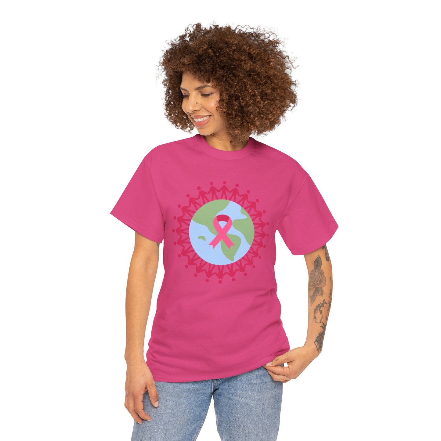 Unisex Heavy Cotton Tee Adult/Teen Activewear Earth with Pink Stick Figures Around thE World for Cancer Awareness