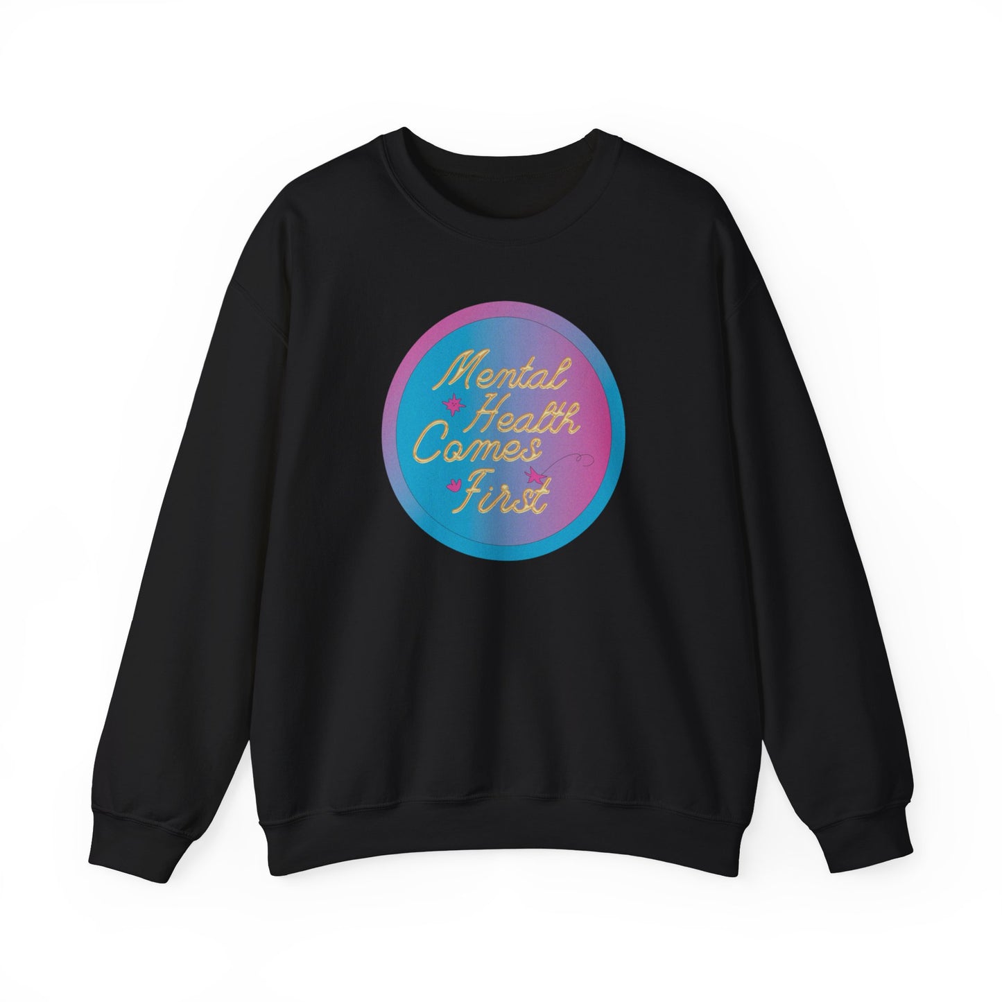 Unisex Heavy Blend™ Crewneck Sweatshirt Adult/Teen Activewear Mental Health Comes First Blue/Pink Circle on Front Gold Writing