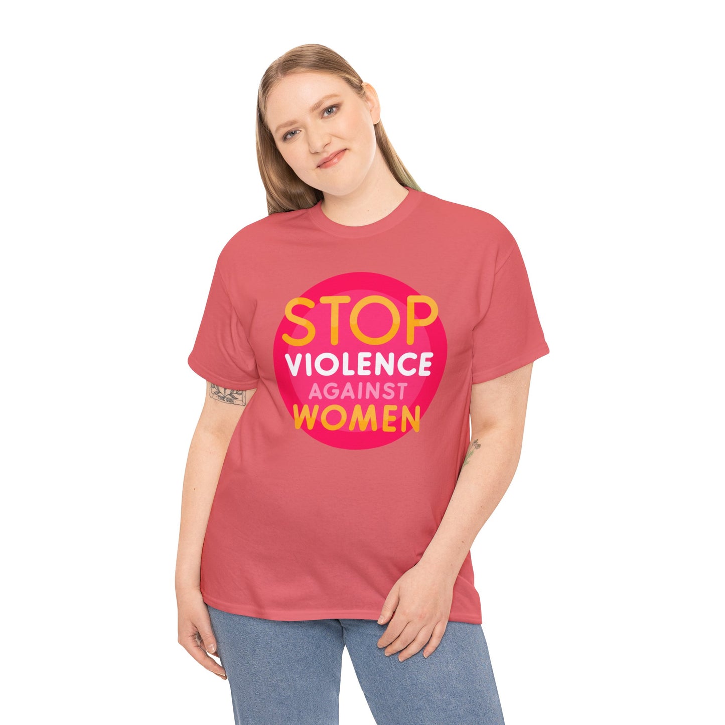 Unisex Heavy Cotton Tee Adult/teen Activewear Stop Violence Against Women Colors Yellow And Pink Writing