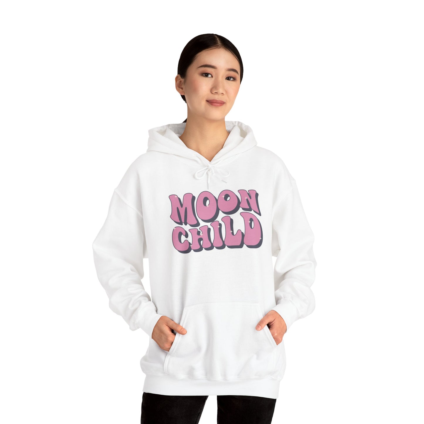 Unisex Heavy Blend™ Hooded Sweatshirt Adult/Teen Activewear Moon Child in Pink Writing Positive Vibes