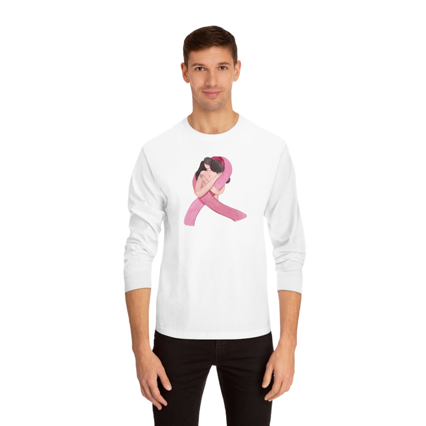 Unisex Classic Long Sleeve T-Shirt Adult Activewear Pink Ribbon with Woman for Breast Cancer Awareness