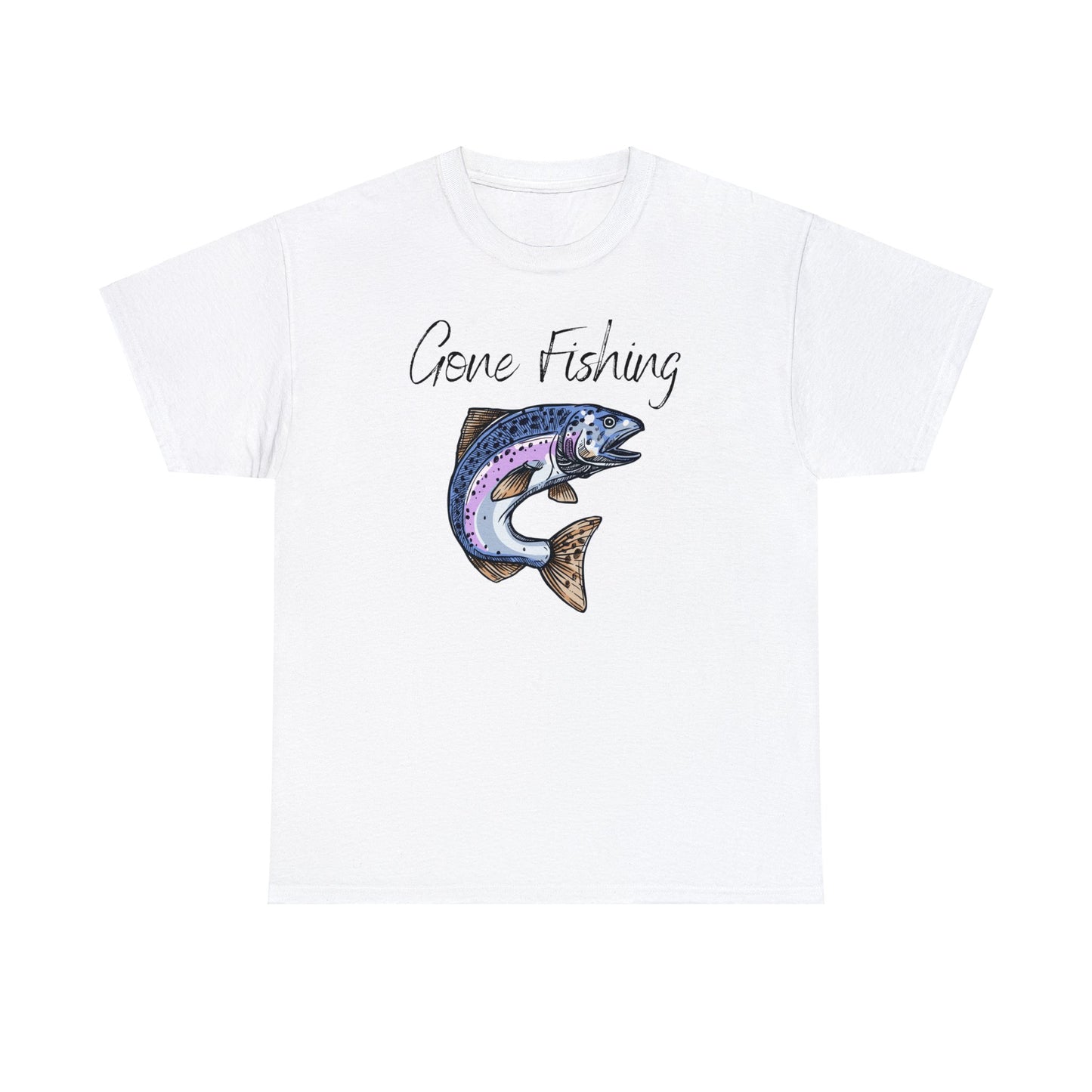 Unisex Heavy Cotton Tee Adult/Teen Activewear Gone Fishing W/ Image of Bass Fish T-shirt Comes in Many Colors