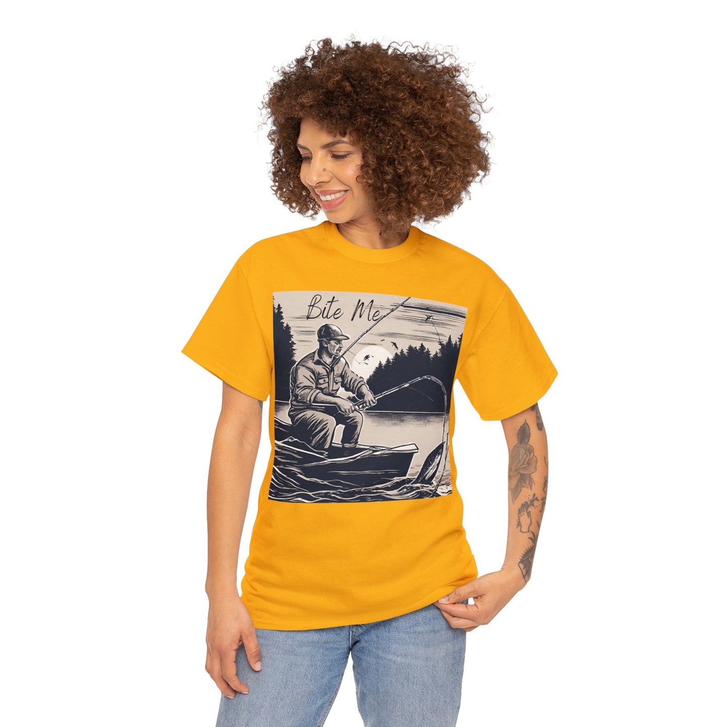 Unisex Heavy Cotton Tee Adult/Teen Activewear Bite Me with A Man Fishing Black Outline Shirt Comes in Many colors