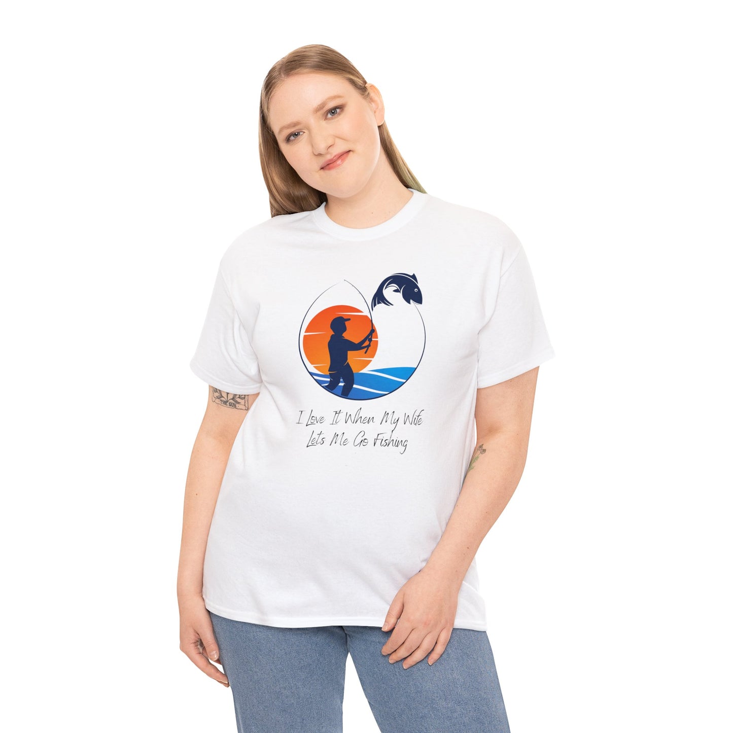 Unisex Heavy Cotton Tee Adult Activewear I Love It When My Wife Lets Me Go Fishing with a Orange Sunset T-shirt Comes In Many Colors