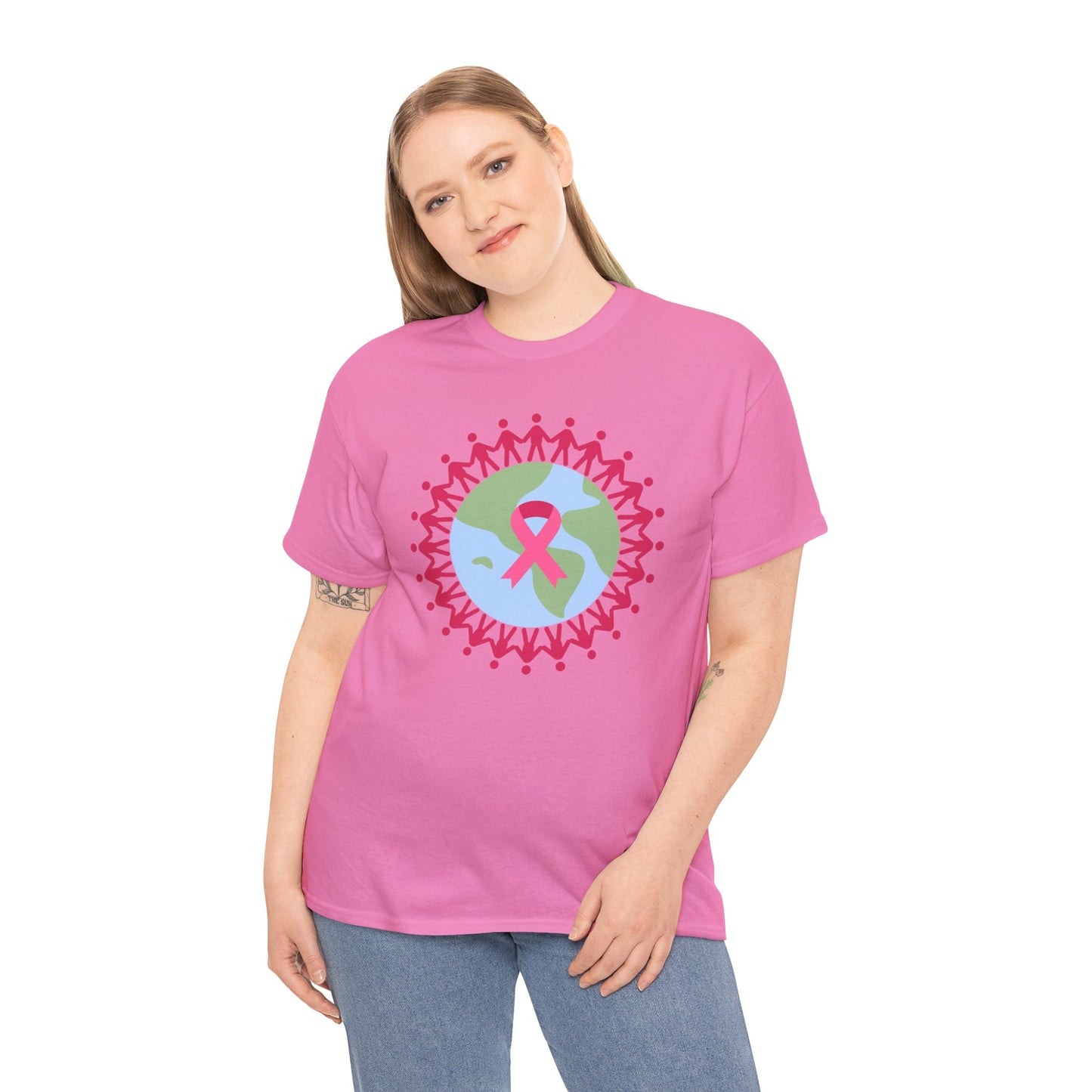 Unisex Heavy Cotton Tee Adult/Teen Activewear Earth with Pink Stick Figures Around thE World for Cancer Awareness