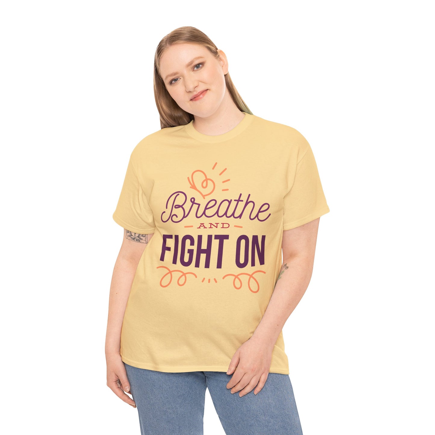 Unisex Heavy Cotton Tee Adult/Teen Activewear Breathe and Live On Colors Peach and Purple Writing