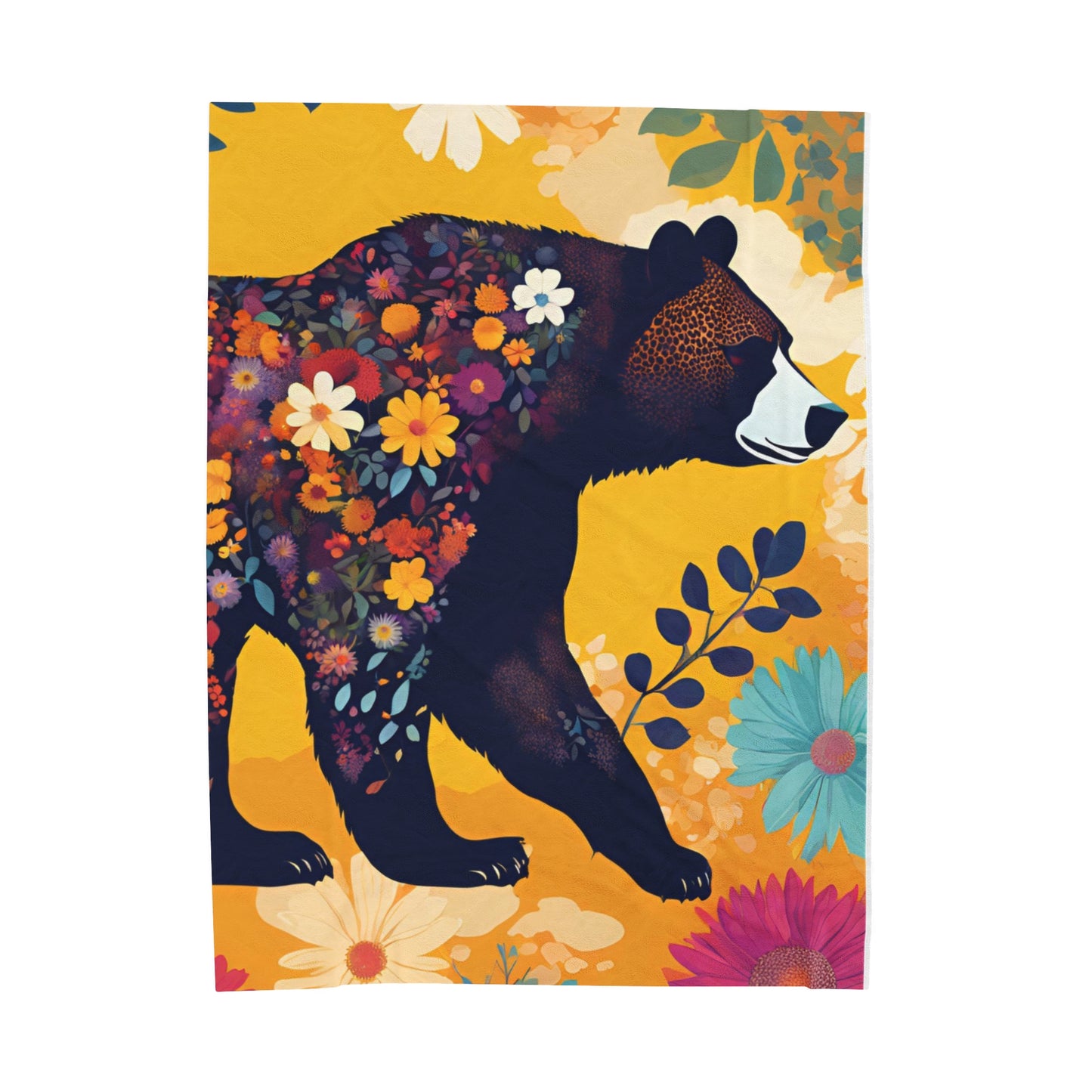 Soft and velvety plush blanket featuring a colorful image of a bear with wild flowers