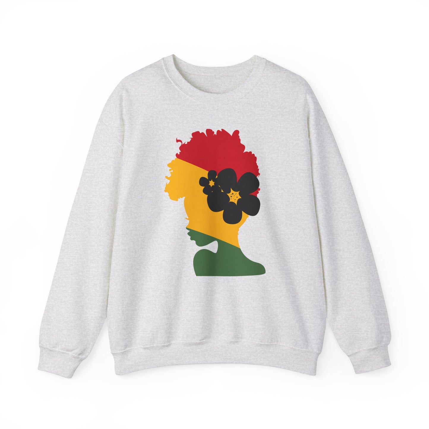 Unisex Heavy Blend™ Crewneck Sweatshirt African American Woman in Black with African Colors of Red Yellow Green