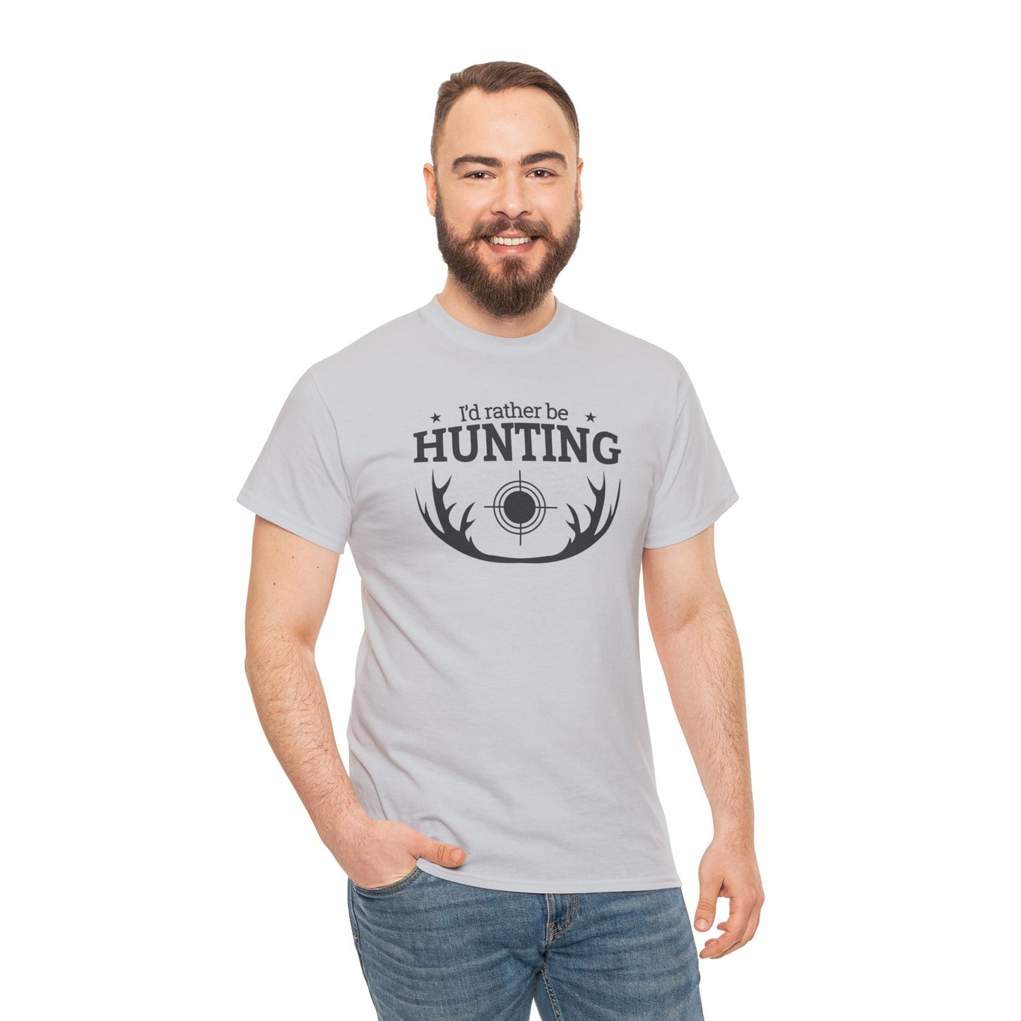 Unisex Heavy Cotton Tee Adult/Teen Activewear I'd Rather Be Hunting W/ Antlers in Black Writing Customizable Pur your Husbands Name on It Call 603-377-1833