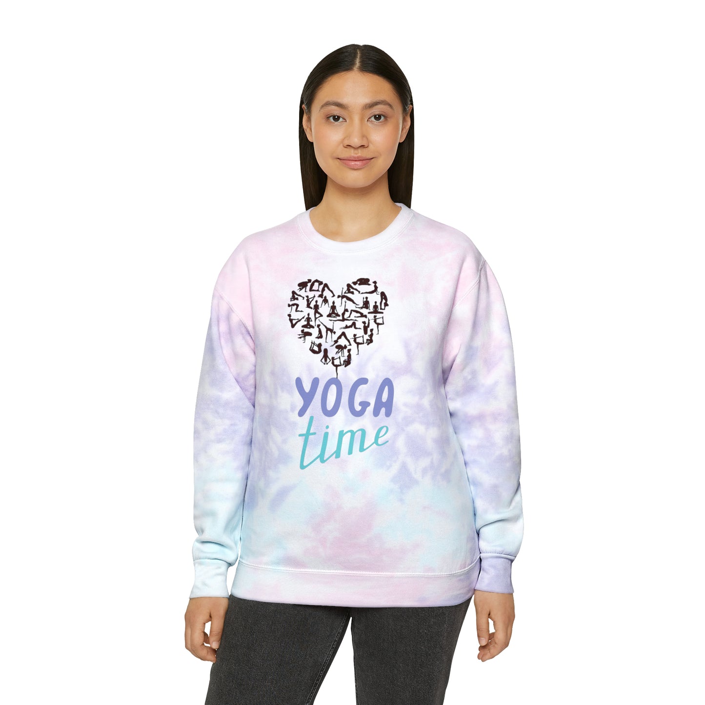 Unisex Tie-Dye Sweatshirt ADULT/TEEN ACTIVEWEAR YOGA TIME BLUE PURPLE WRITING HEART BLACK WITH BLACK HUMANS DOING YOGA POSES