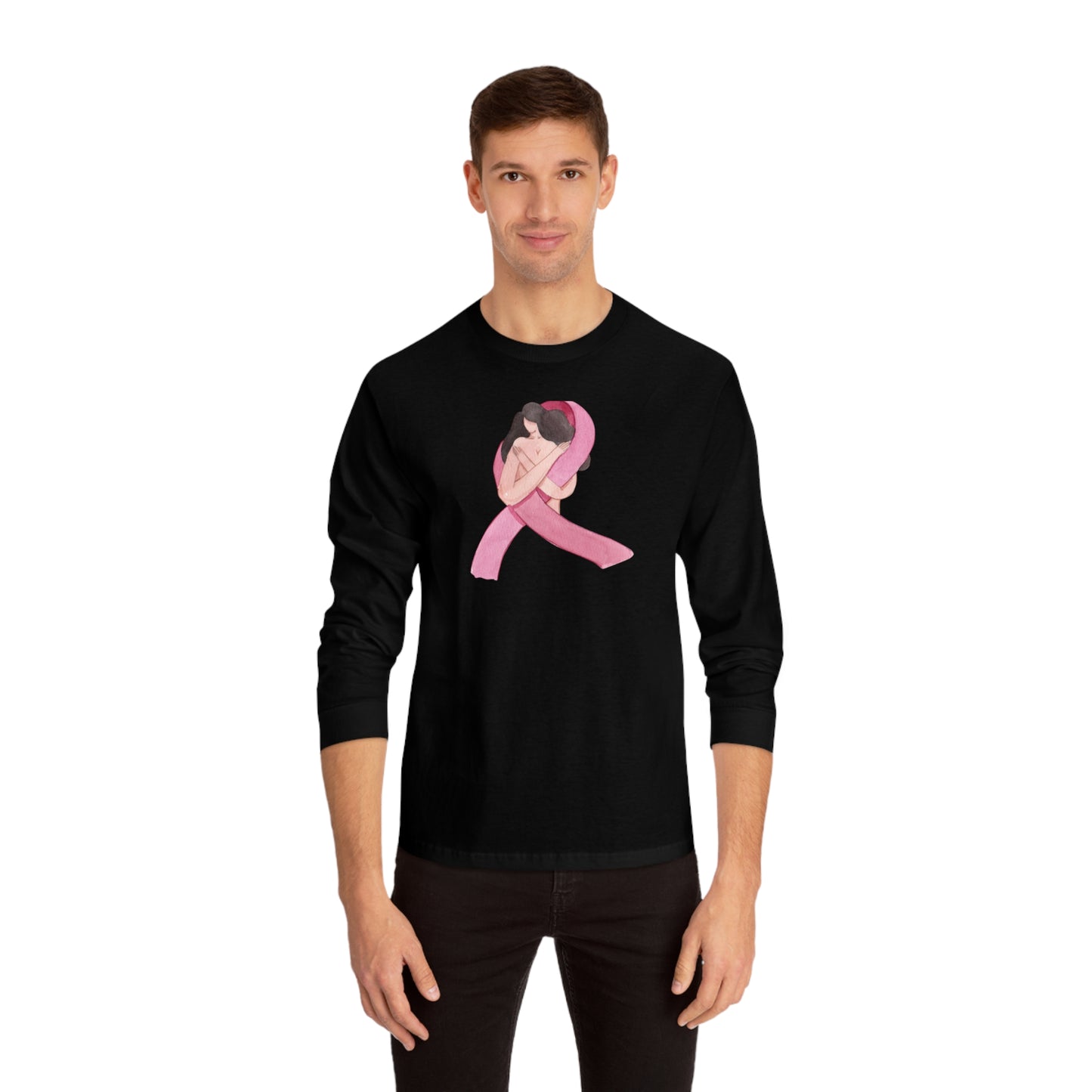 Unisex Classic Long Sleeve T-Shirt Adult Activewear Pink Ribbon with Woman for Breast Cancer Awareness