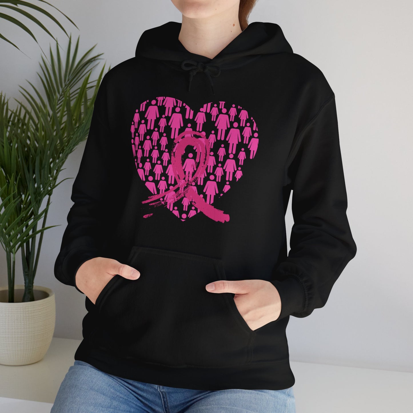 Unisex Heavy Blend™ Hooded Sweatshirt Adult/Teen Activewear Breast Cancer Awareness in Pink Heart and Pink Ribbon Image on Front