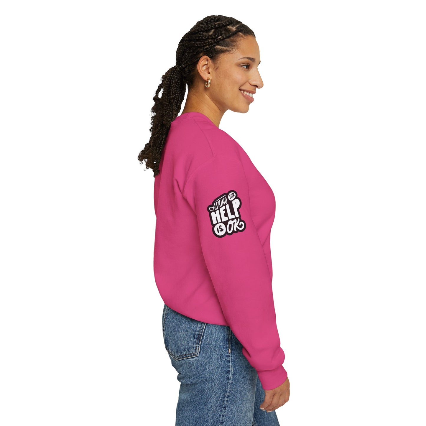 Unisex Heavy Blend™ Crewneck Sweatshirt Adult/Teen Activewear Mental Health Awareness Ribbon on Front Asking for Help Is OK on Right Sleeve