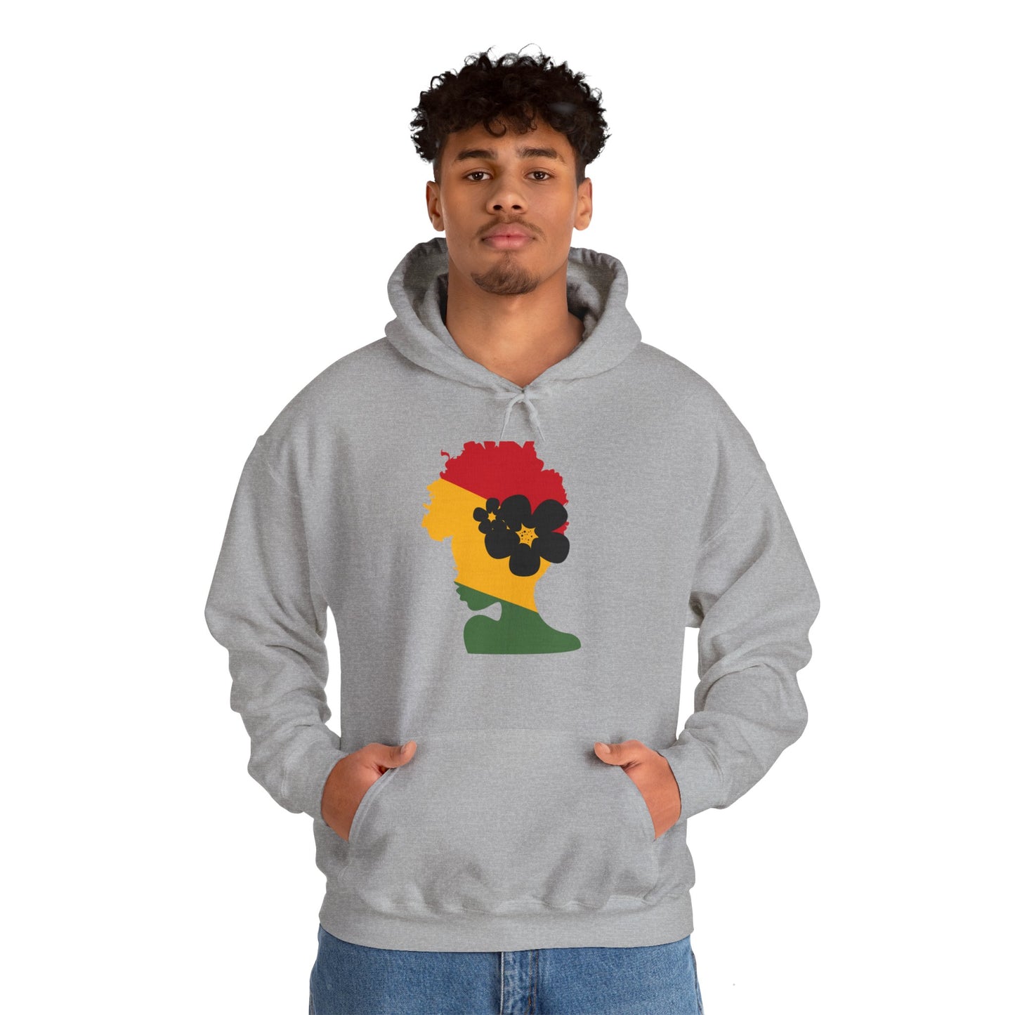 Unisex Heavy Blend™ Hooded Sweatshirt African American Woman with African Colors Red Yellow Green