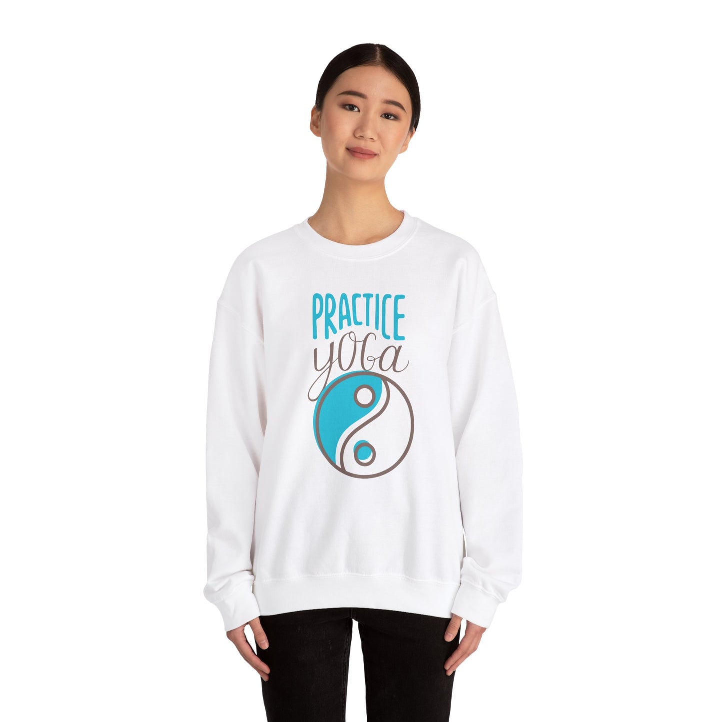 Unisex Heavy Blend™ Crewneck Sweatshirt ADULT/TEEN PRACTICE YOGA LIGHT BROWN YING-YANG IMAGE LIGHT BROWN TEAL-BLUE