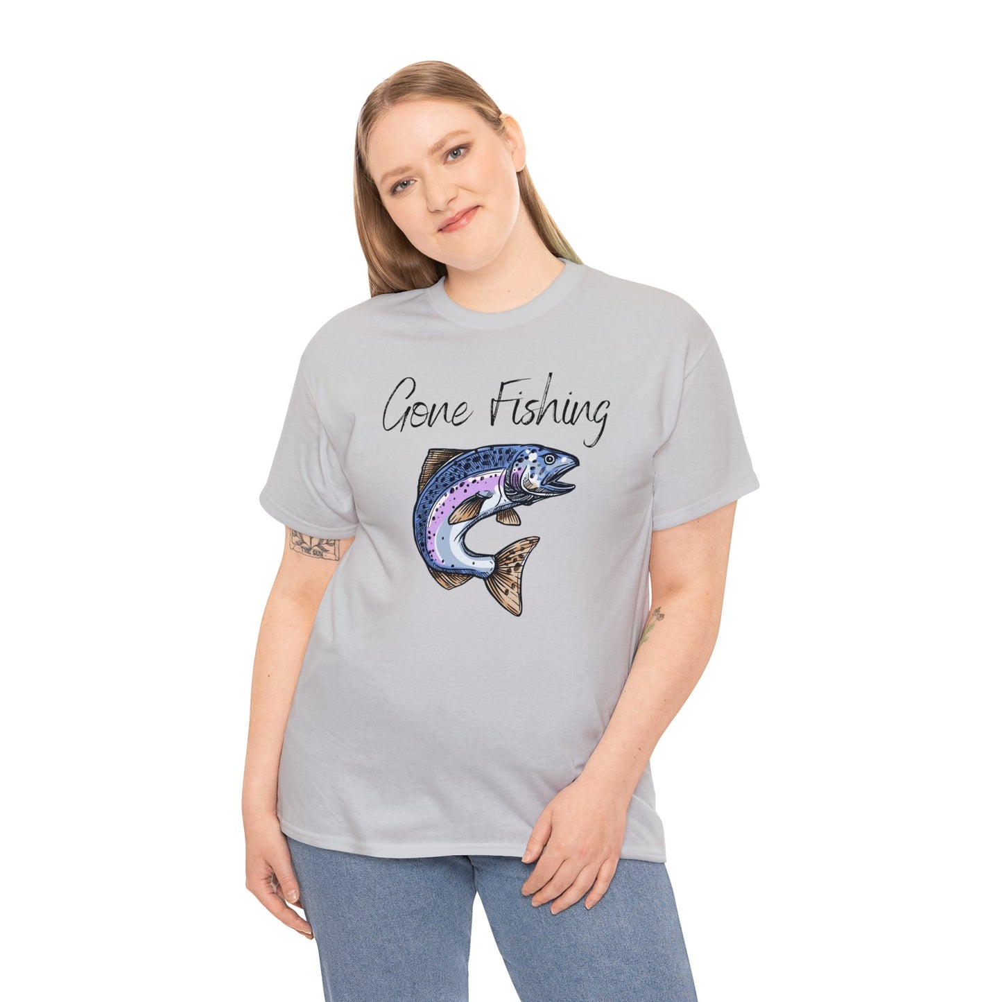 Unisex Heavy Cotton Tee Adult/Teen Activewear Gone Fishing W/ Image of Bass Fish T-shirt Comes in Many Colors