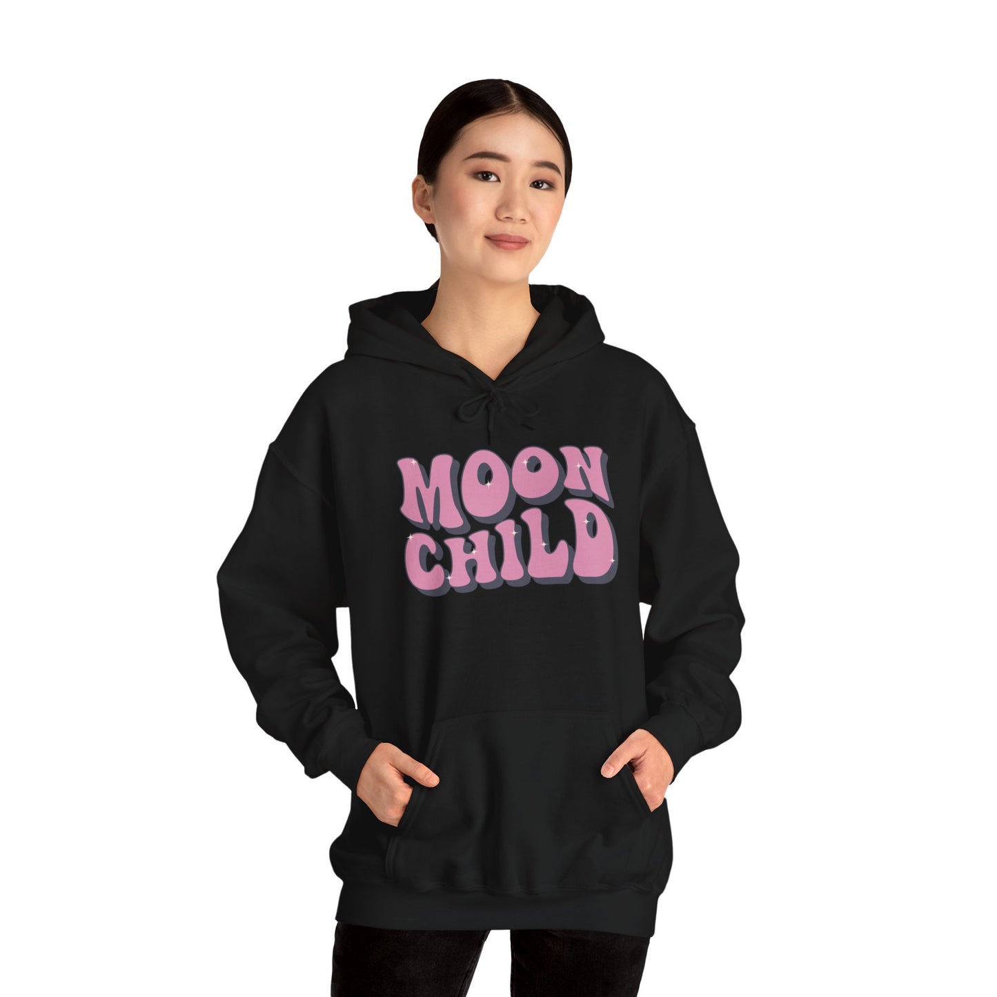 Unisex Heavy Blend™ Hooded Sweatshirt Adult/Teen Activewear Moon Child in Pink Writing Positive Vibes