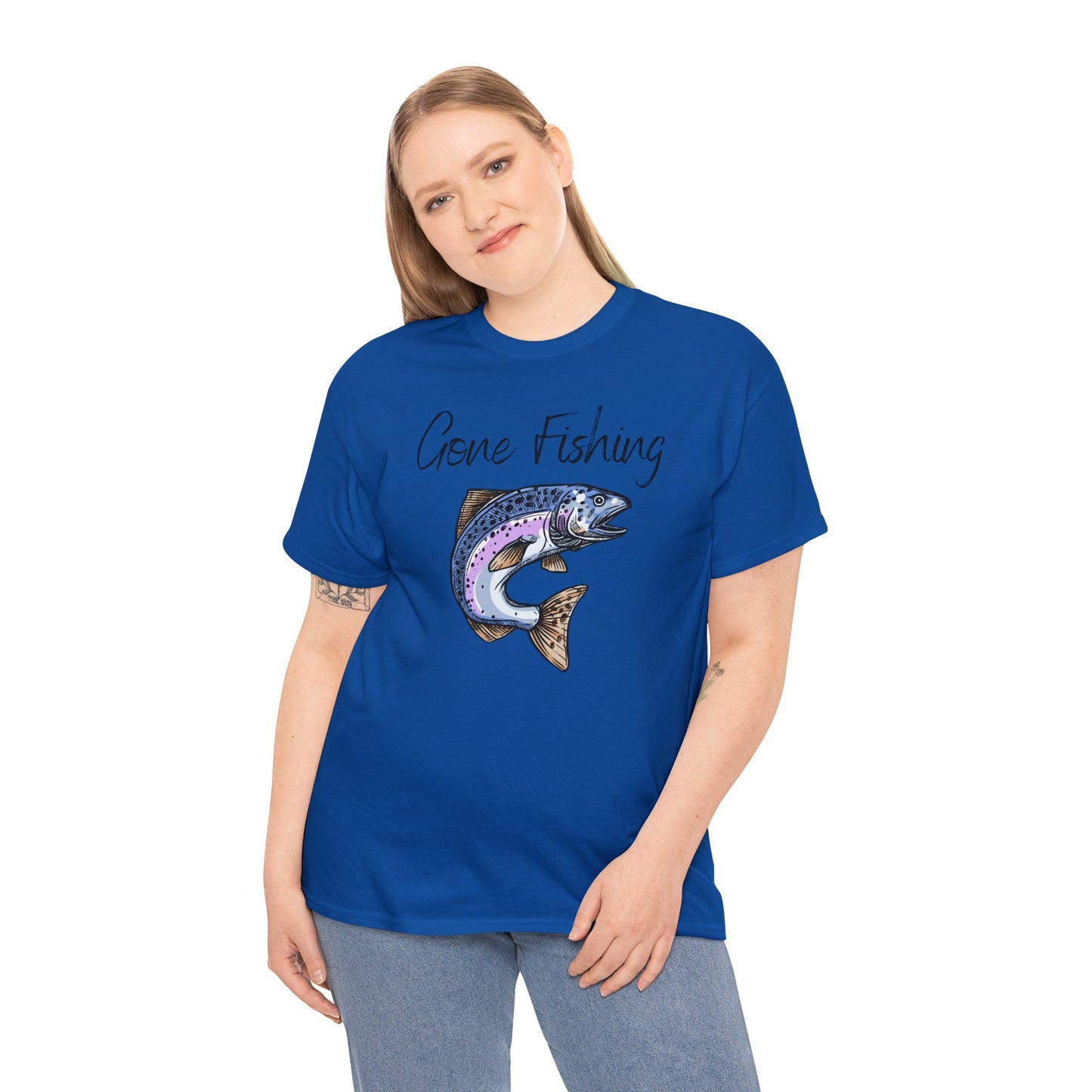 Unisex Heavy Cotton Tee Adult/Teen Activewear Gone Fishing W/ Image of Bass Fish T-shirt Comes in Many Colors