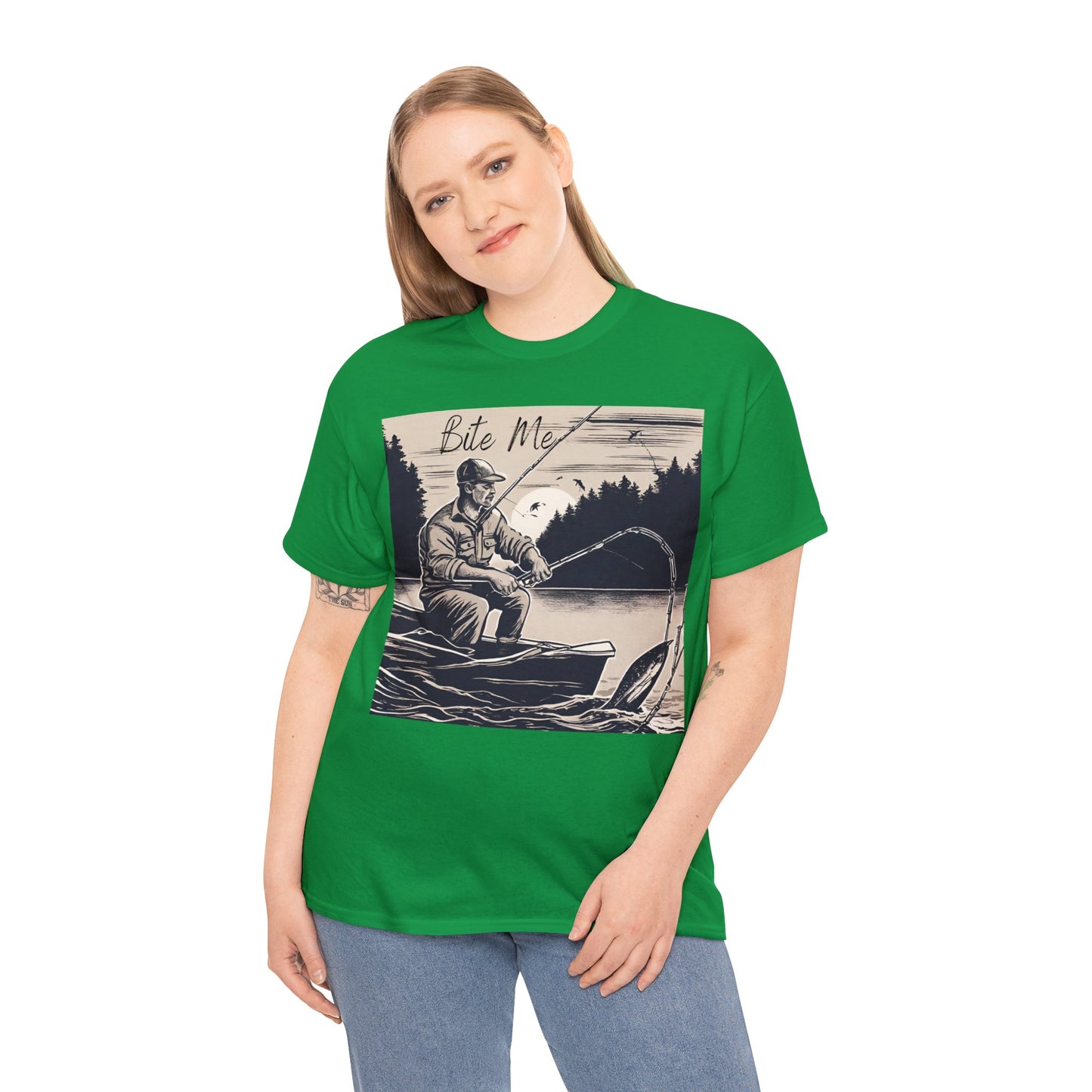 Unisex Heavy Cotton Tee Adult/Teen Activewear Bite Me with A Man Fishing Black Outline Shirt Comes in Many colors