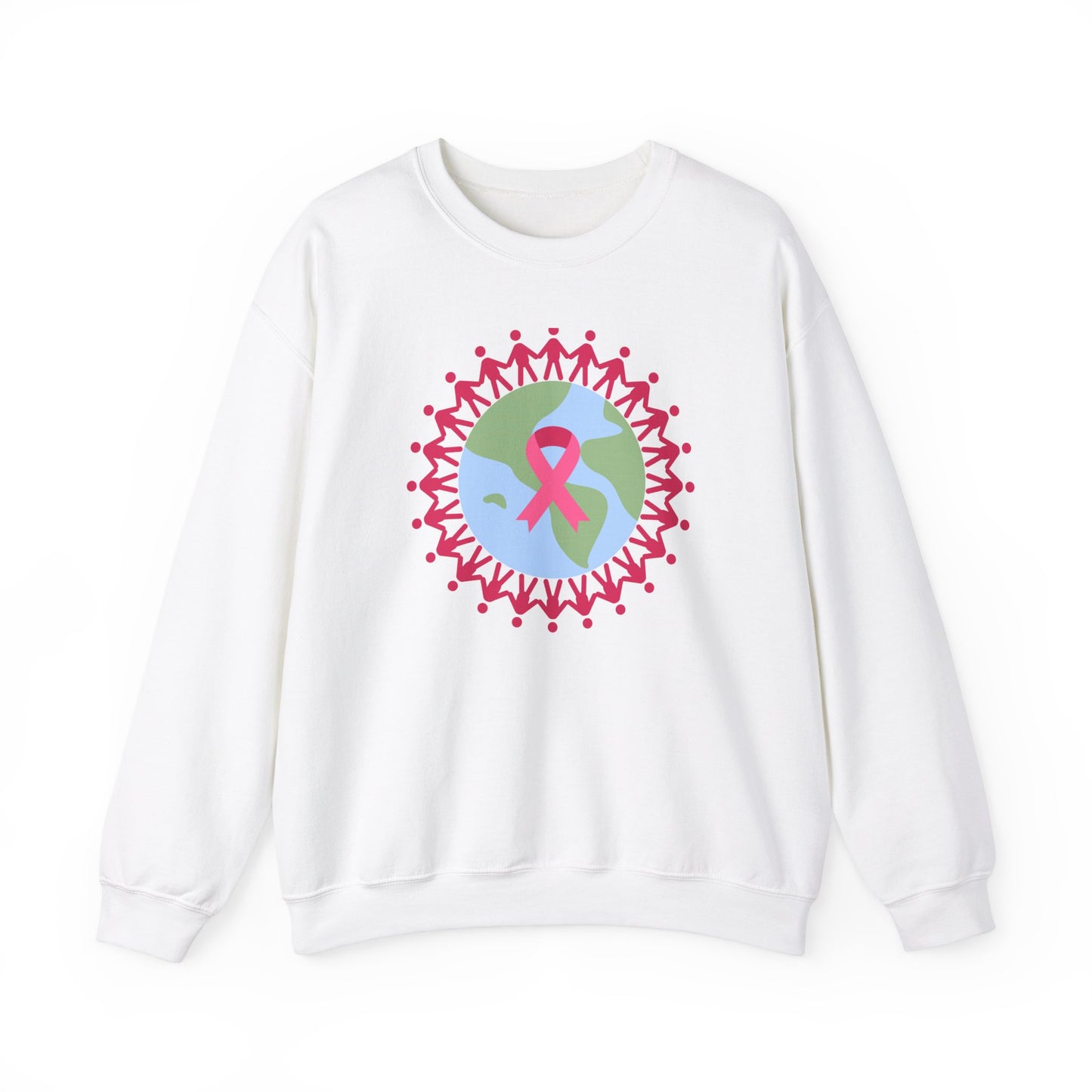 Unisex Heavy Blend™ Crewneck Sweatshirt Adult/Teen Activewear Image of Earth with Pink Stick figures Holding Hands for Breast Cancer Awareness