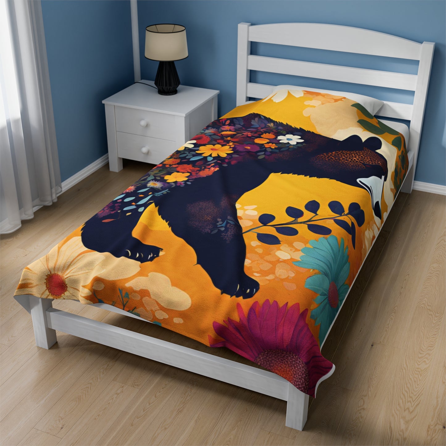Soft and velvety plush blanket featuring a colorful image of a bear with wild flowers