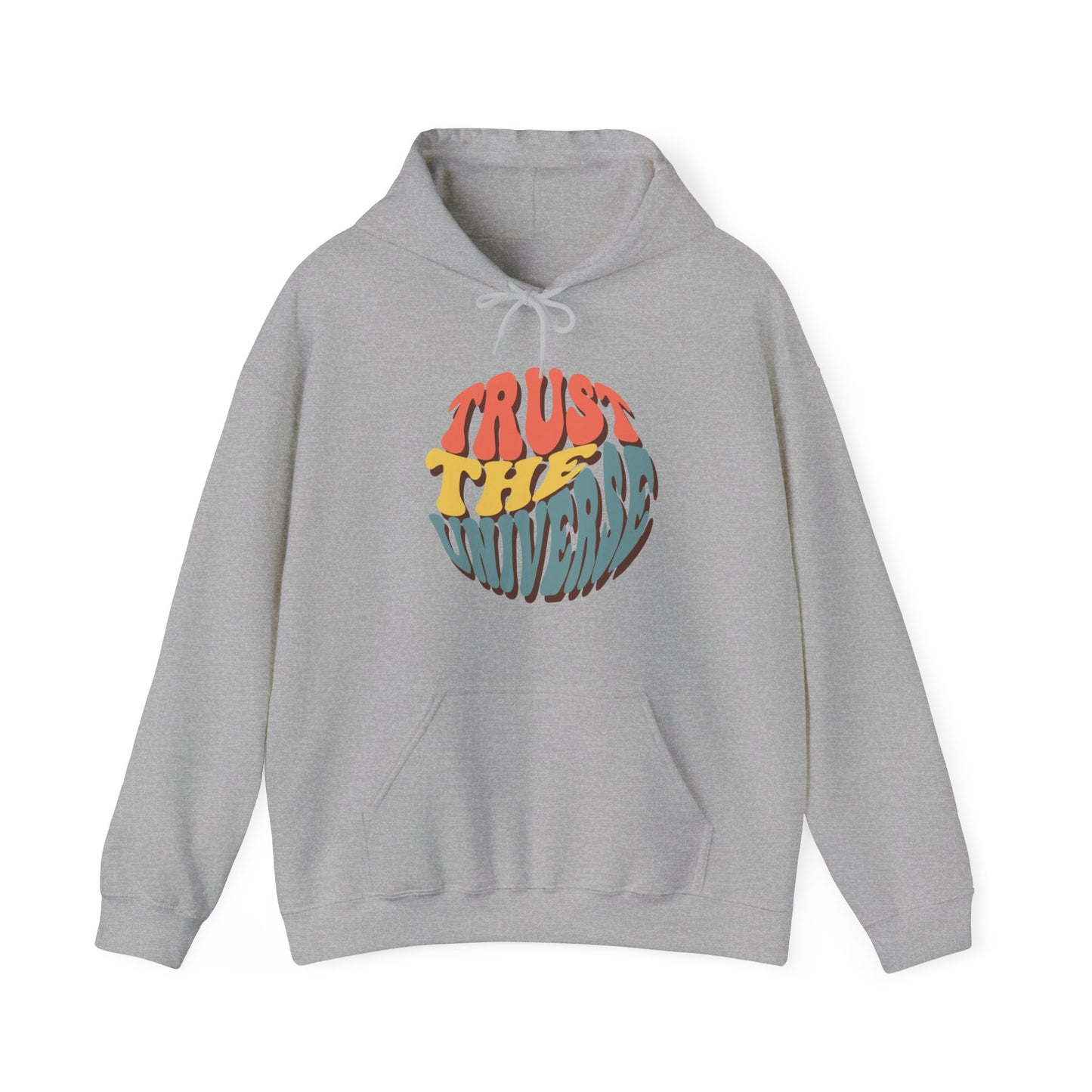 Unisex Heavy Blend™ Hooded Sweatshirt Adult/Teen Activewear Trust The Universe Colors Dark Peach Blue and Dark Yellow