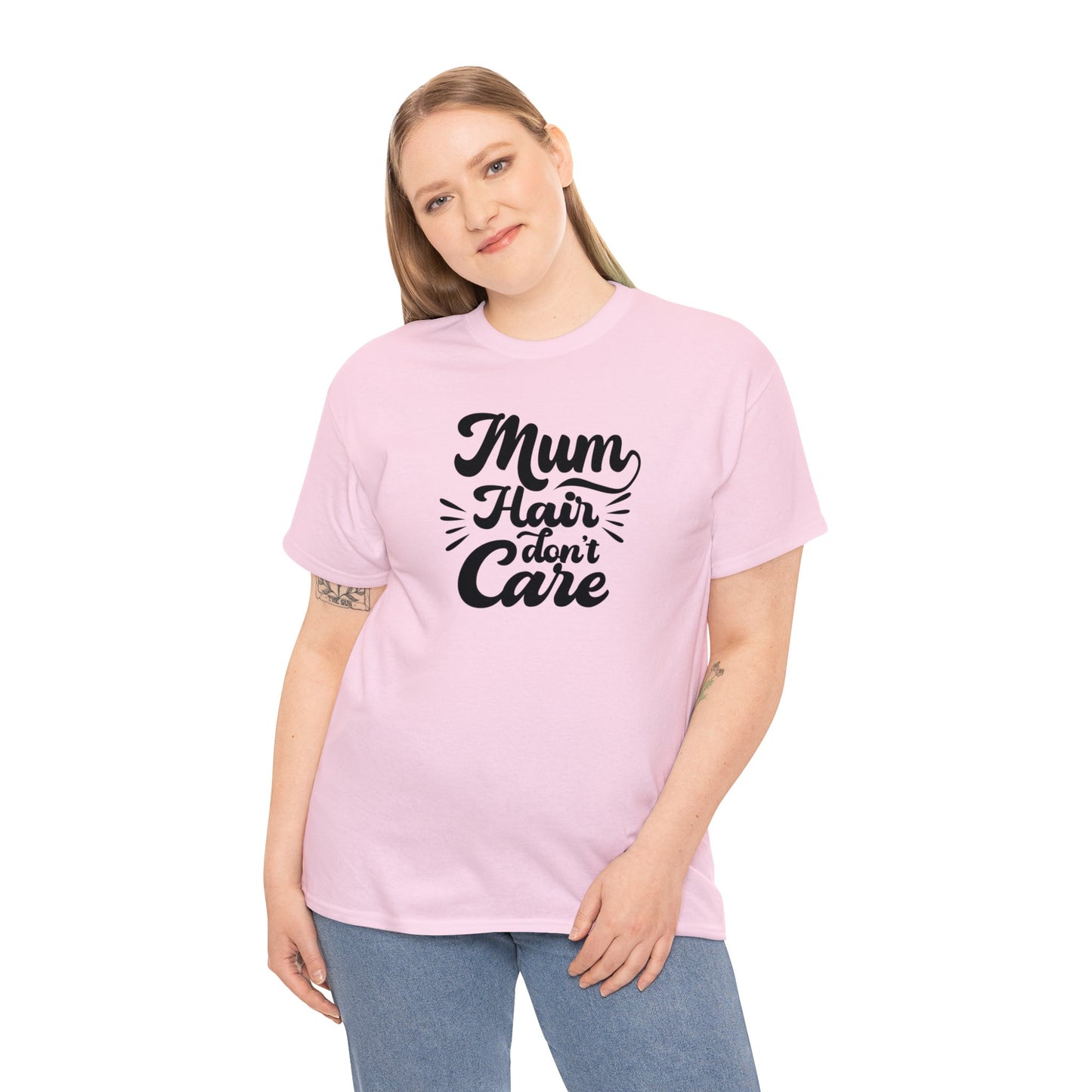 Unisex Heavy Cotton Tee Activewear Mom Hair Don't Care Black Writing