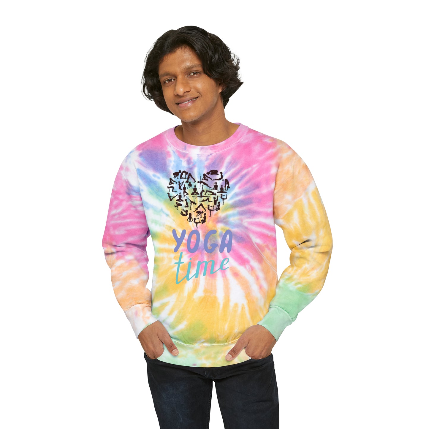 Unisex Tie-Dye Sweatshirt ADULT/TEEN ACTIVEWEAR YOGA TIME BLUE PURPLE WRITING HEART BLACK WITH BLACK HUMANS DOING YOGA POSES