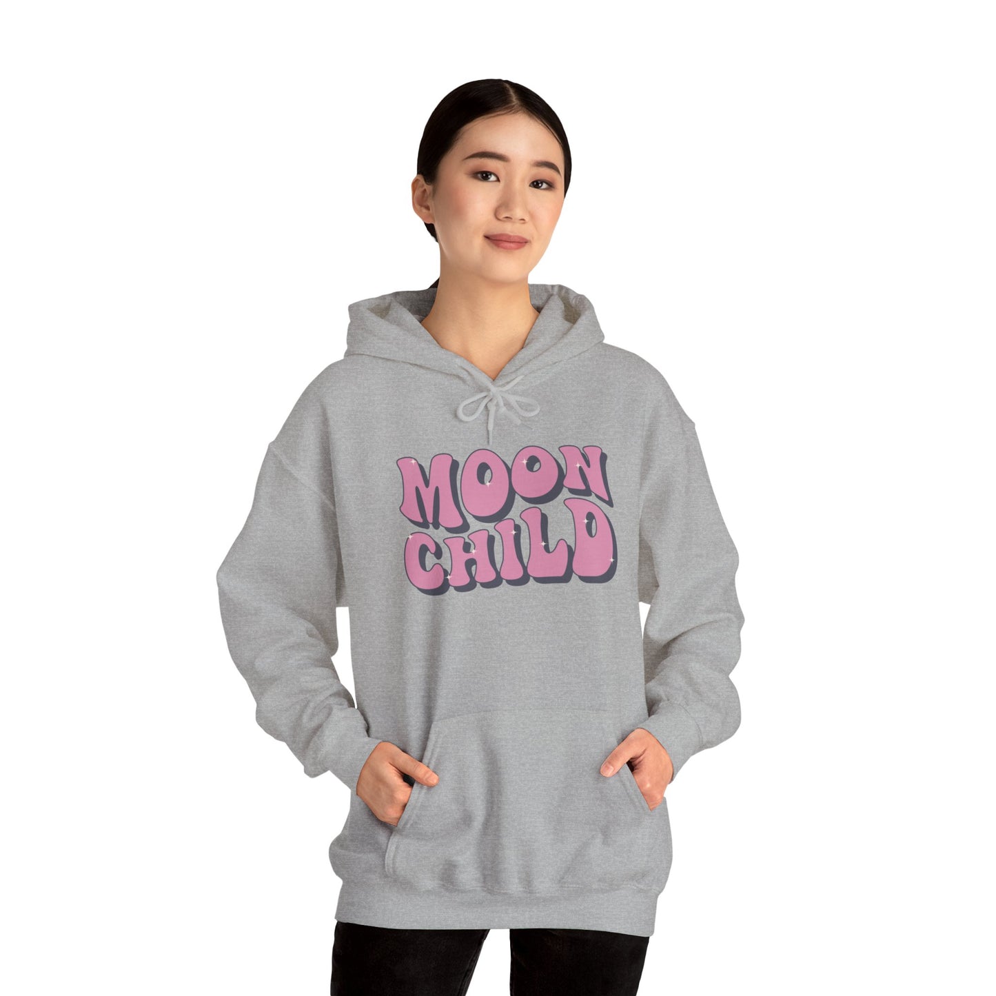 Unisex Heavy Blend™ Hooded Sweatshirt Adult/Teen Activewear Moon Child in Pink Writing Positive Vibes