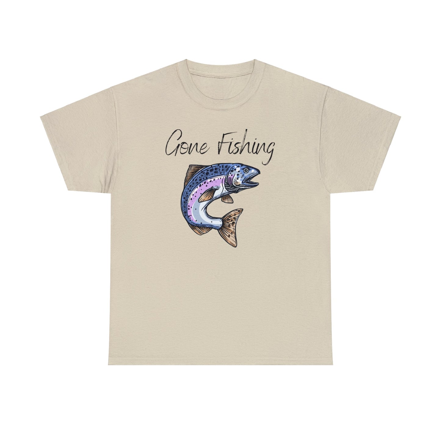 Unisex Heavy Cotton Tee Adult/Teen Activewear Gone Fishing W/ Image of Bass Fish T-shirt Comes in Many Colors