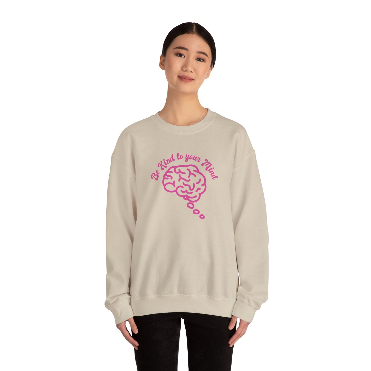 Unisex Heavy Blend™ Crewneck Sweatshirt Adult/Teen Activewear Be Kind To Your Mind in Pink with a Pink Brain