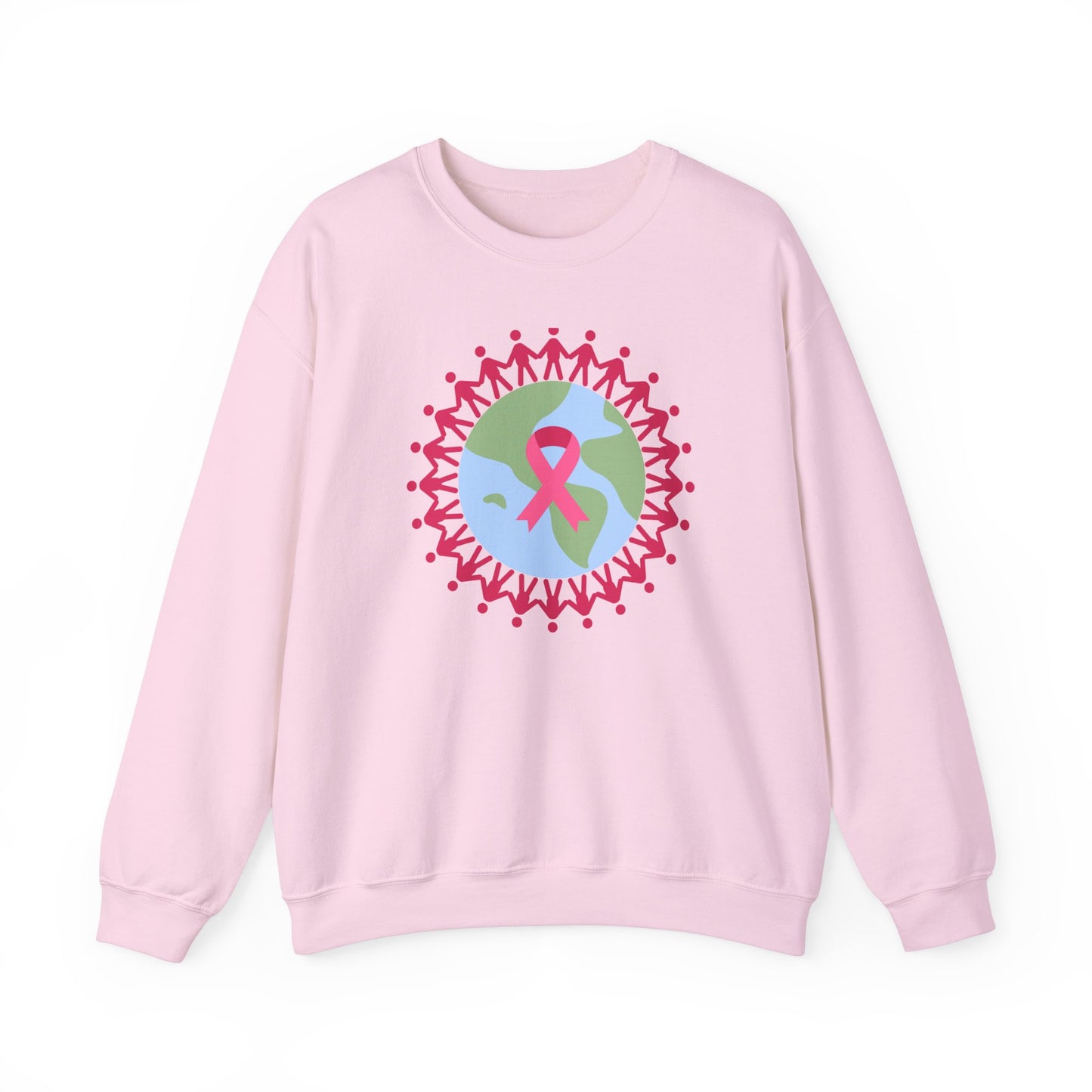 Unisex Heavy Blend™ Crewneck Sweatshirt Adult/Teen Activewear Image of Earth with Pink Stick figures Holding Hands for Breast Cancer Awareness