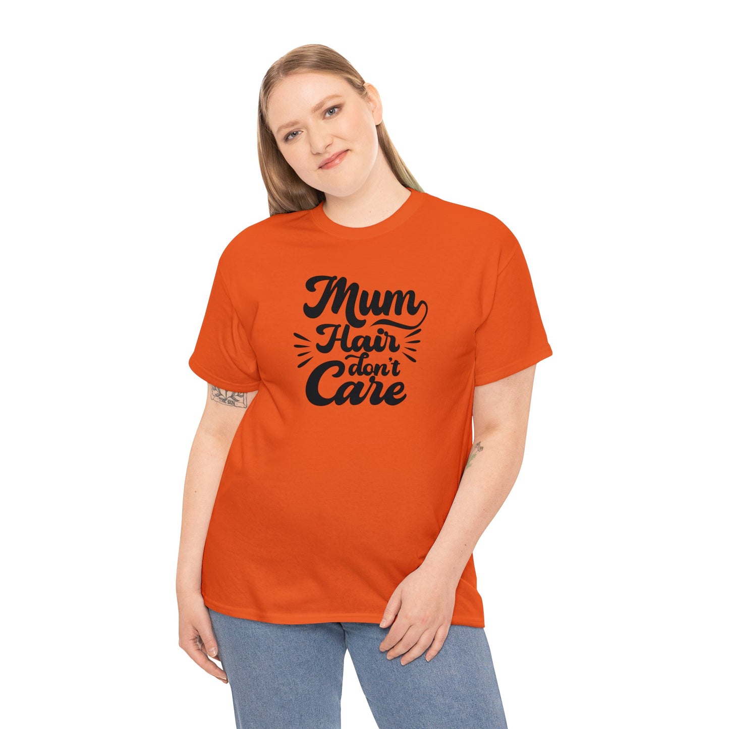 Unisex Heavy Cotton Tee Activewear Mom Hair Don't Care Black Writing