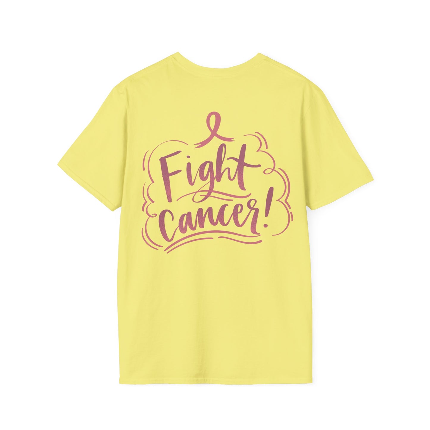 Unisex Softstyle T-Shirt Adult/Teen Activewear Pink World on Front on Back Fight Cancer in Pink with Pink Ribbon Cancer Awareness