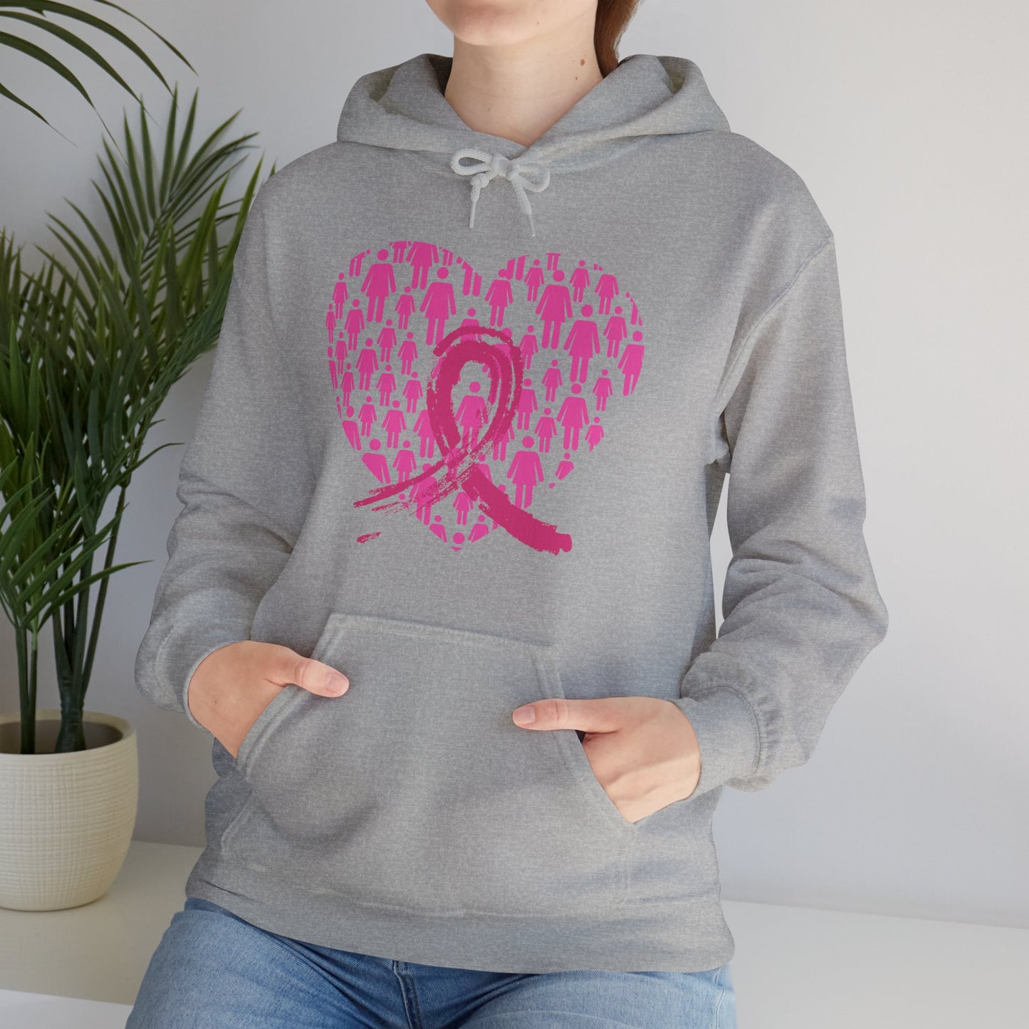 Unisex Heavy Blend™ Hooded Sweatshirt Adult/Teen Activewear Breast Cancer Awareness in Pink Heart and Pink Ribbon Image on Front