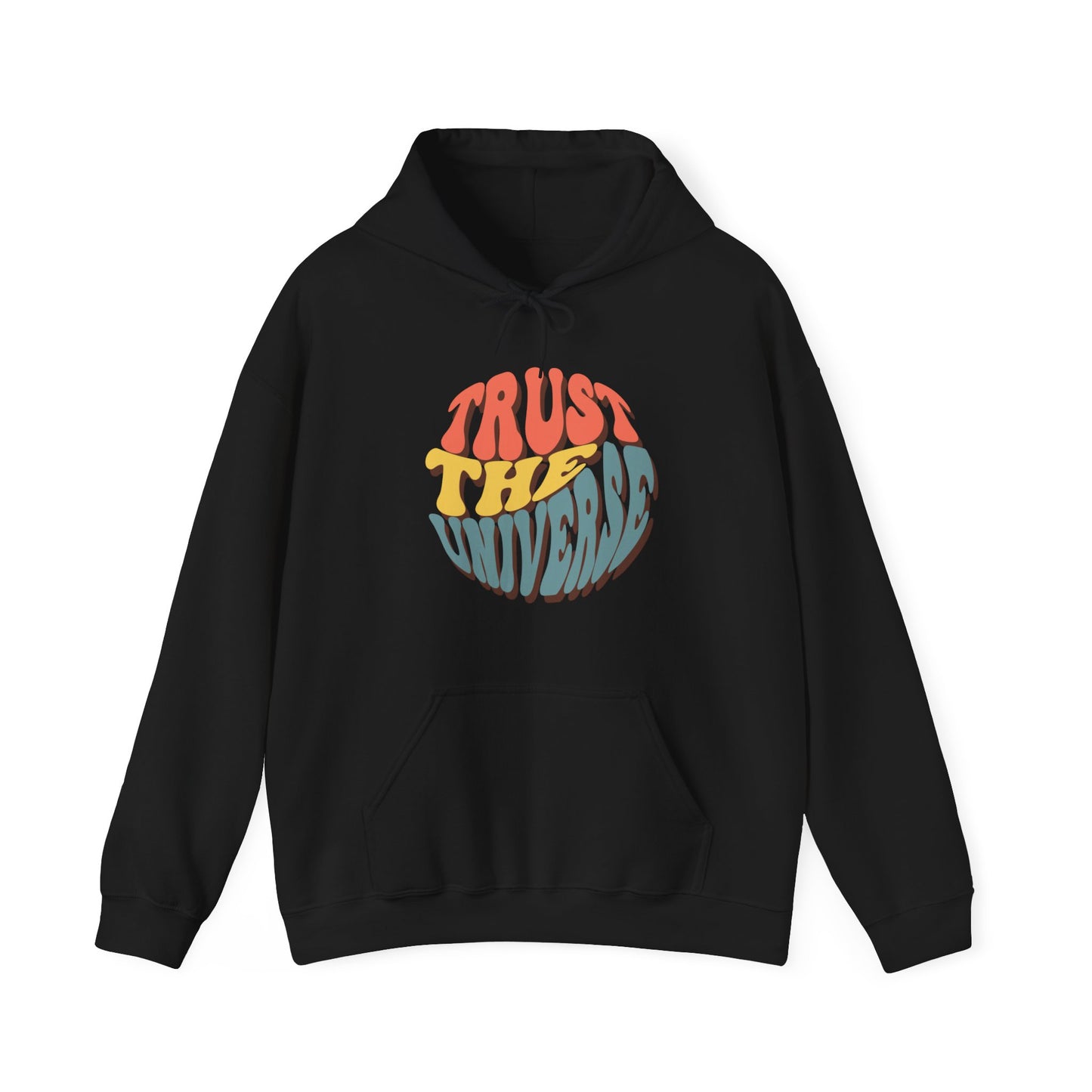 Unisex Heavy Blend™ Hooded Sweatshirt Adult/Teen Activewear Trust The Universe Colors Dark Peach Blue and Dark Yellow