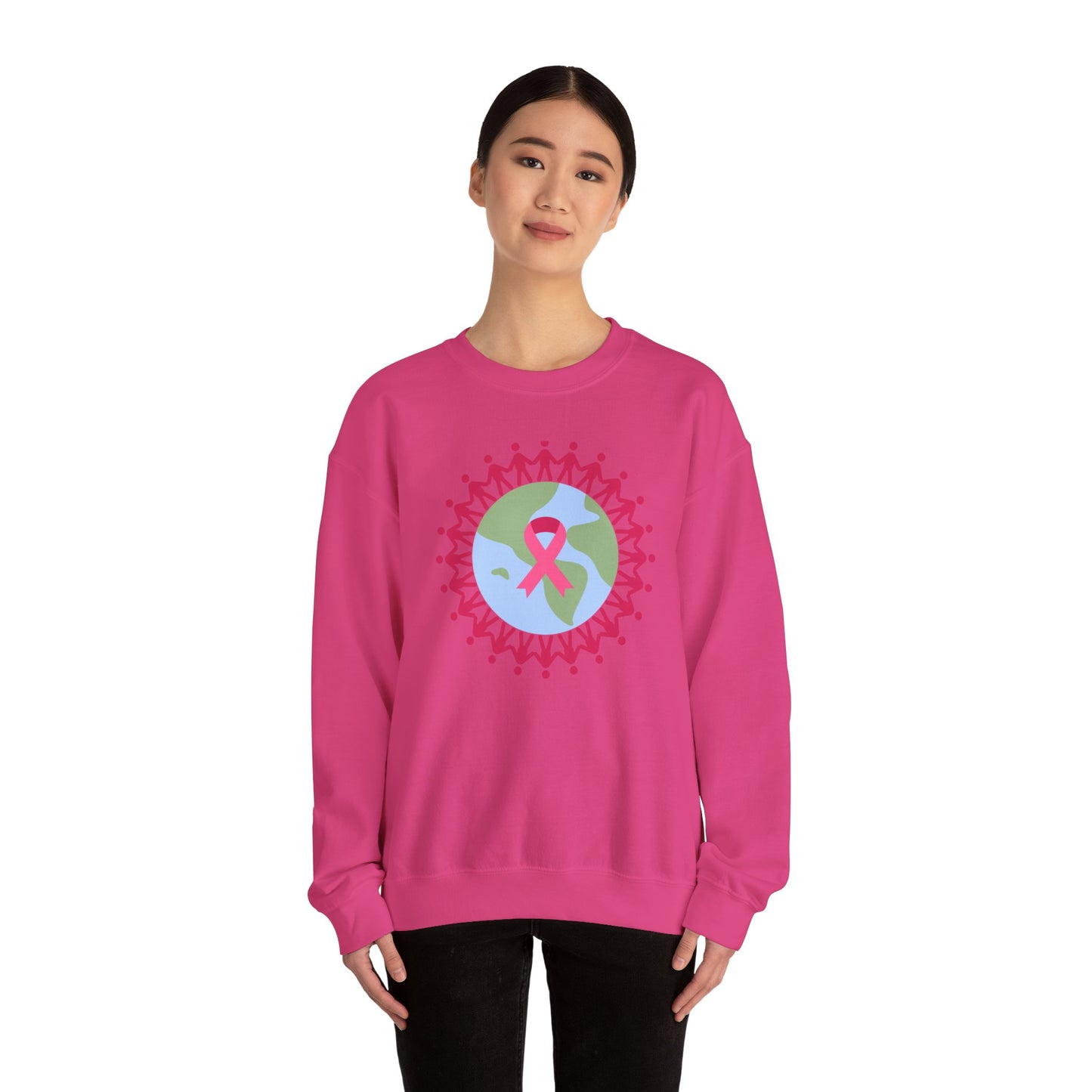 Unisex Heavy Blend™ Crewneck Sweatshirt Adult/Teen Activewear Image of Earth with Pink Stick figures Holding Hands for Breast Cancer Awareness